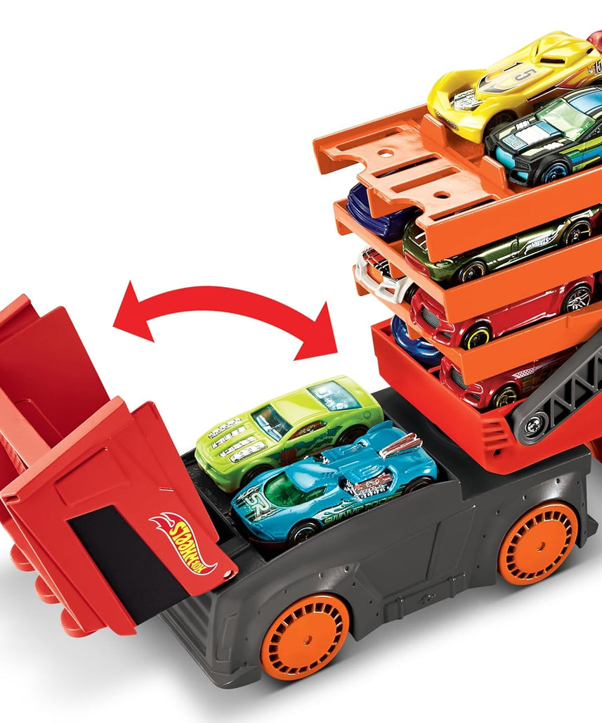 منصة نقل سيارات Hot Wheels LSV Mega Hauler Rig متعددة المستويات، تتسع لما يصل إلى 50 سيارة، متصلة بمسارات Hot Wheels، تتضمن منحدرًا ومساحة تخزين، ألعاب أطفال من سن 4 سنوات فما فوق