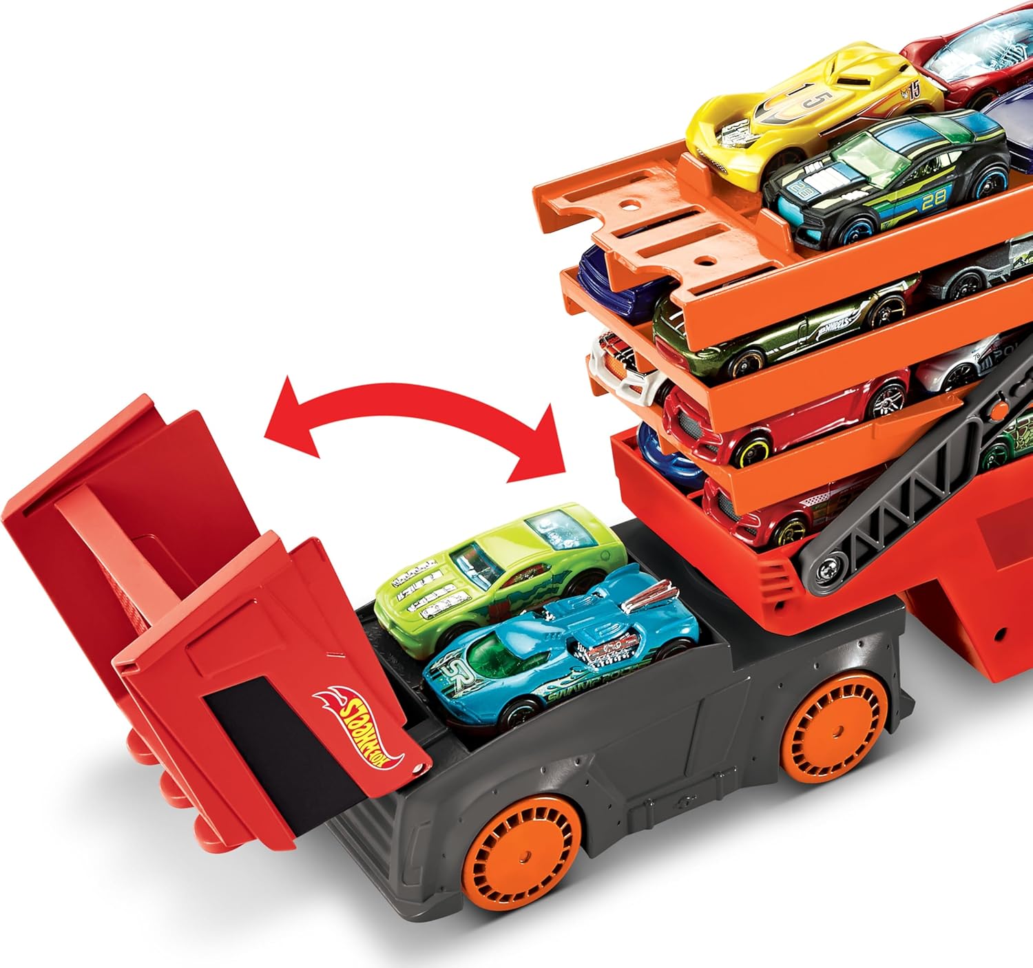 منصة نقل سيارات Hot Wheels LSV Mega Hauler Rig متعددة المستويات، تتسع لما يصل إلى 50 سيارة، متصلة بمسارات Hot Wheels، تتضمن منحدرًا ومساحة تخزين، ألعاب أطفال من سن 4 سنوات فما فوق