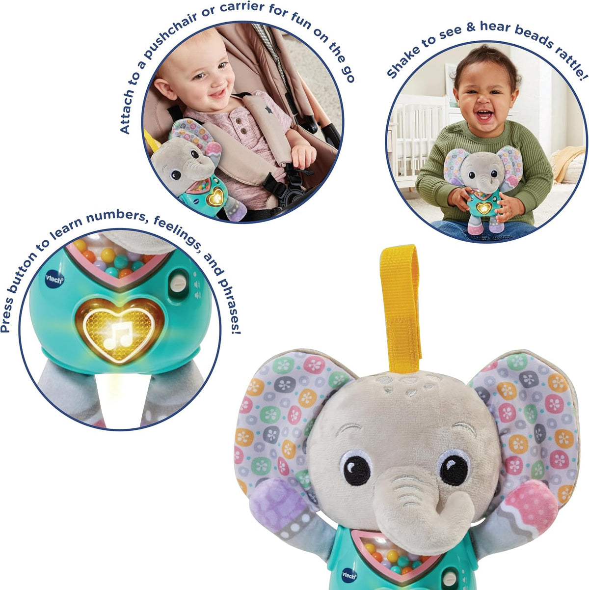 VTech Baby Cuddle & Sing Elephant Interactive Toy with Lights, Numbers & Songs, Beads and Rattle Textures, Gifts for Babies 3-6-9 Months + English Version