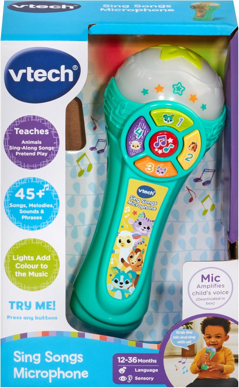 VTech Baby Sing Songs Microphone, Interactive Microphone Toy with 4 Buttons for Animals, Sounds & Numbers, Flashing Lights & Music, Musical Toy for Children 12, 18, 24 Months +, Version