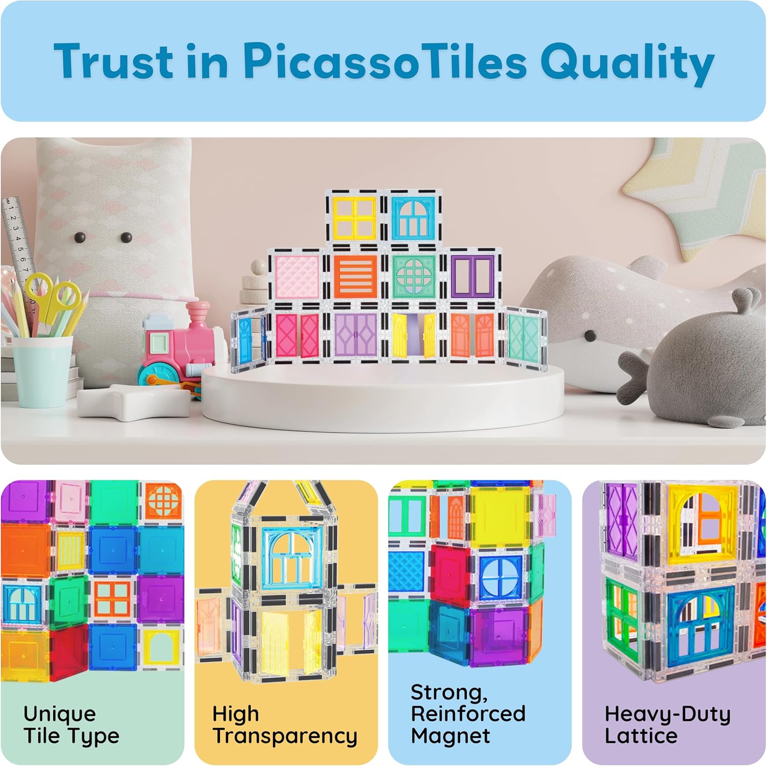 PicassoTiles 30 Piece Window and Door Clip On Magnetic Blocks Magnet Tiles Magnets Building Tile Construction Toy Set STEM Education Toys Learning Kit Stacking Block Playset Boys & Girls Age 3+ PT30