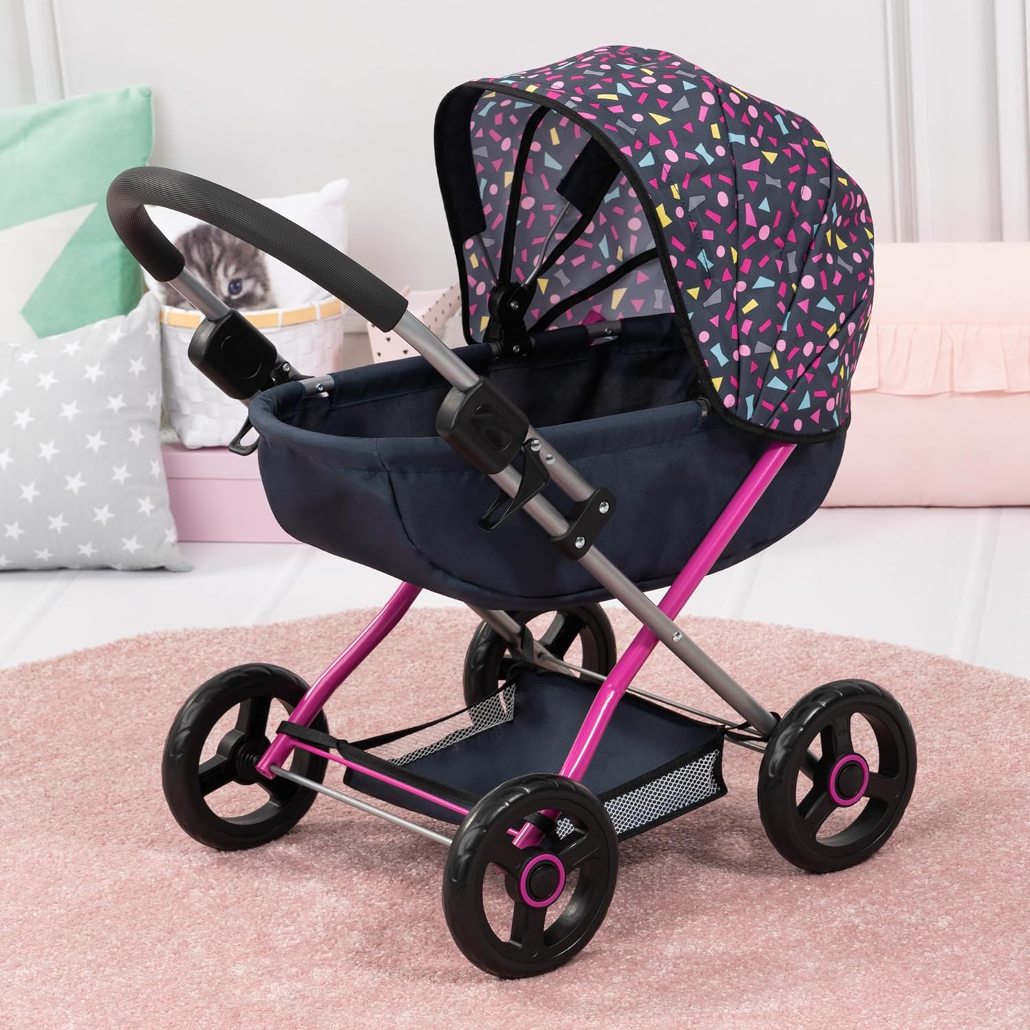 Bayer Pram Set Smarty for 46cm Dolls, Foldable Doll Stroller with Blanket, Pillow, and Integrated Basket, Role Play Toy for Kids, 3Y+ Years