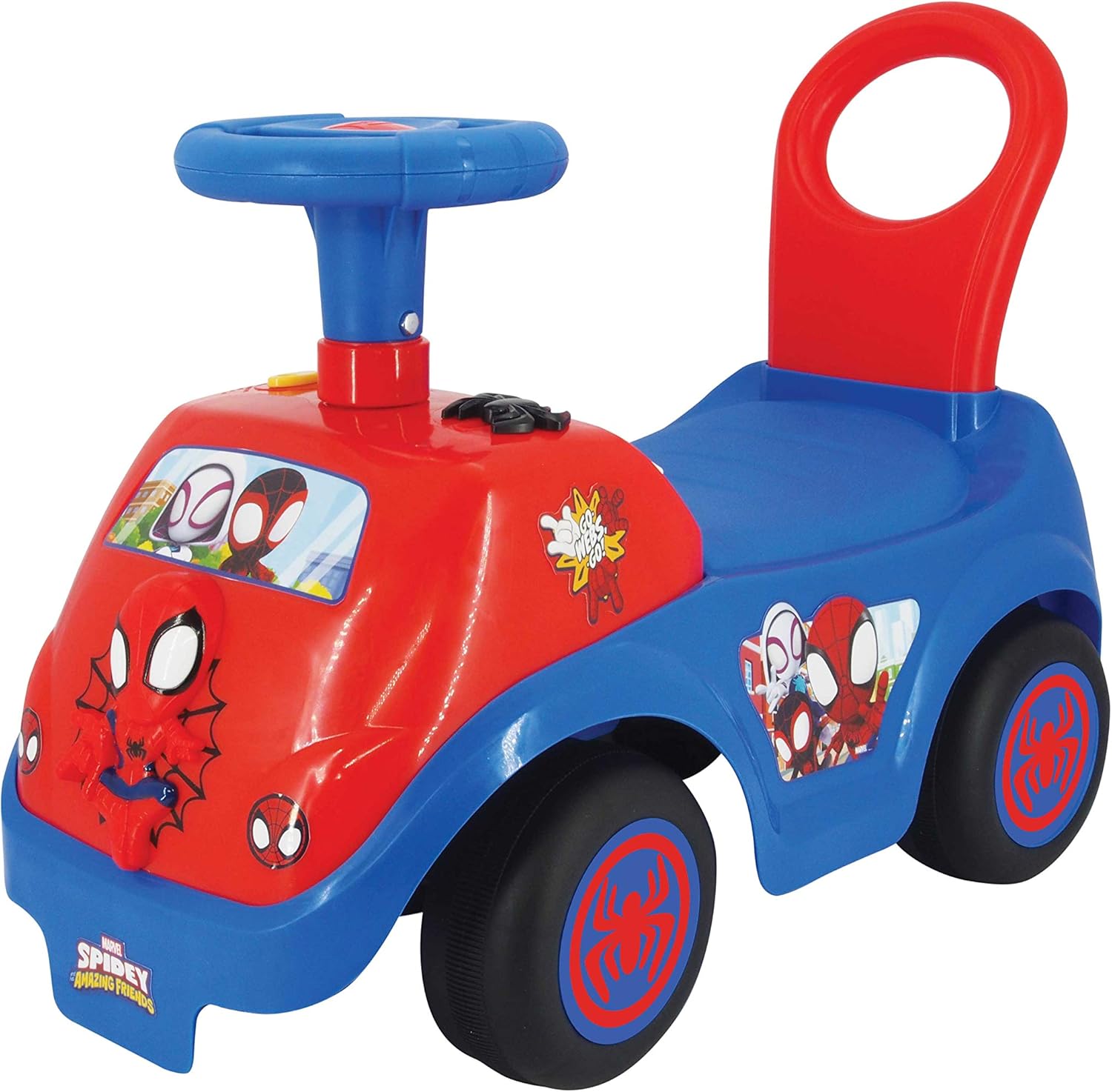 سيارة ركوب سبايدي تيم من كيديلاند، سيارة أنشطة للأطفال الصغار، أضواء وامضة، لوحة تحكم تفاعلية، لعبة سبايدرمان من مارفل، سيارة ركوب كبيرة للأطفال