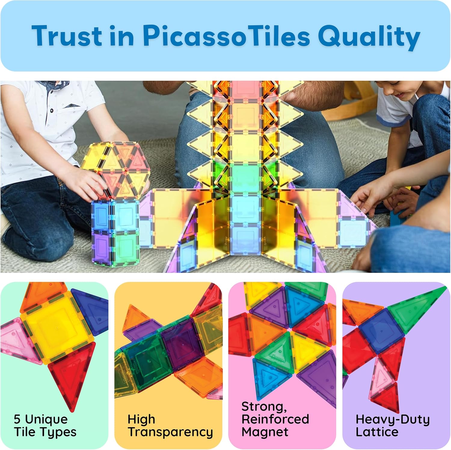 PicassoTiles 100 Piece Magnetic Playboards Tiles Set Magnet Toys for Toddlers STEM Building Blocks Sensory Creative Kids Manipulative Preschool learning Construction Toy ages 3+ Boys Girls - PT100