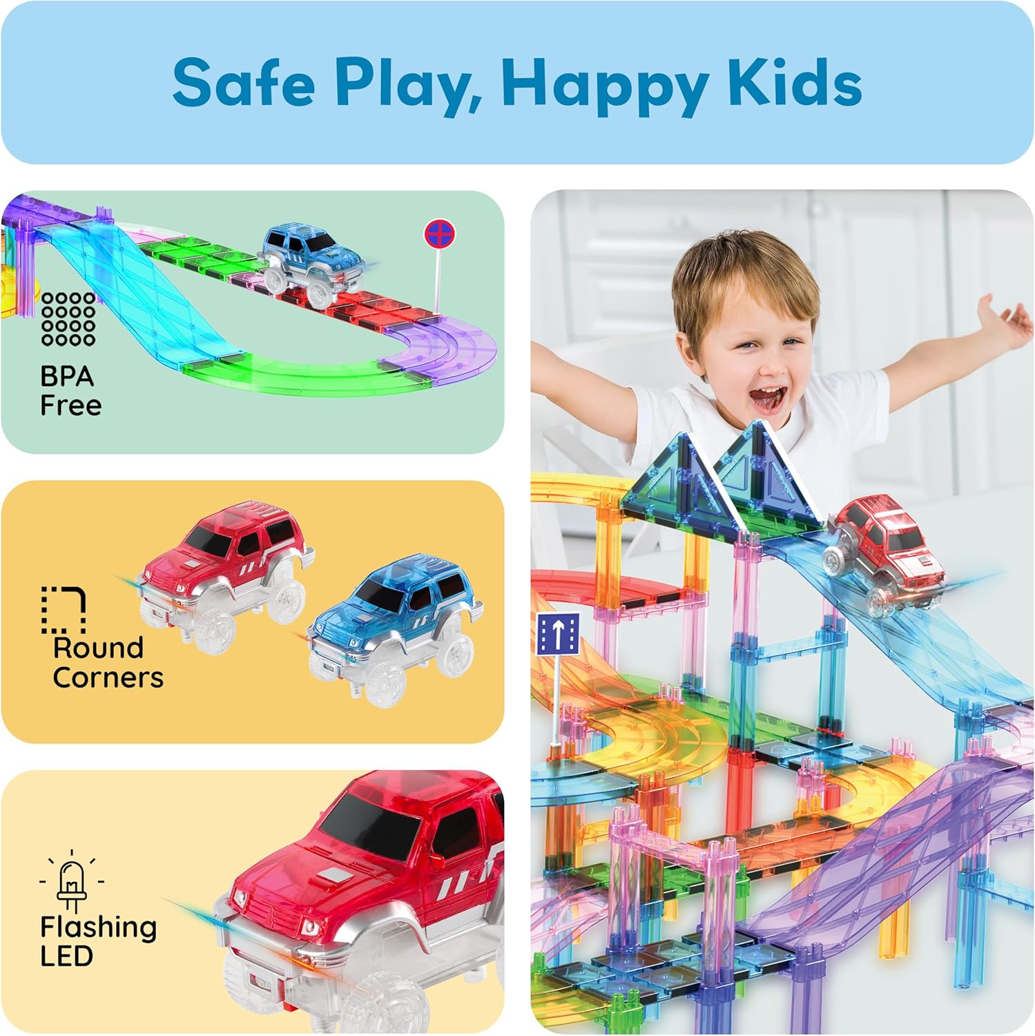 PicassoTiles 2 Piece Swift Highly Detailed Race Track Truck Cars Accessories in Bulk Package Compatible with STEM Magnetic Tile Race Track Building Kits for Kids Boys & Girls Ages 3+ and Older PTE05