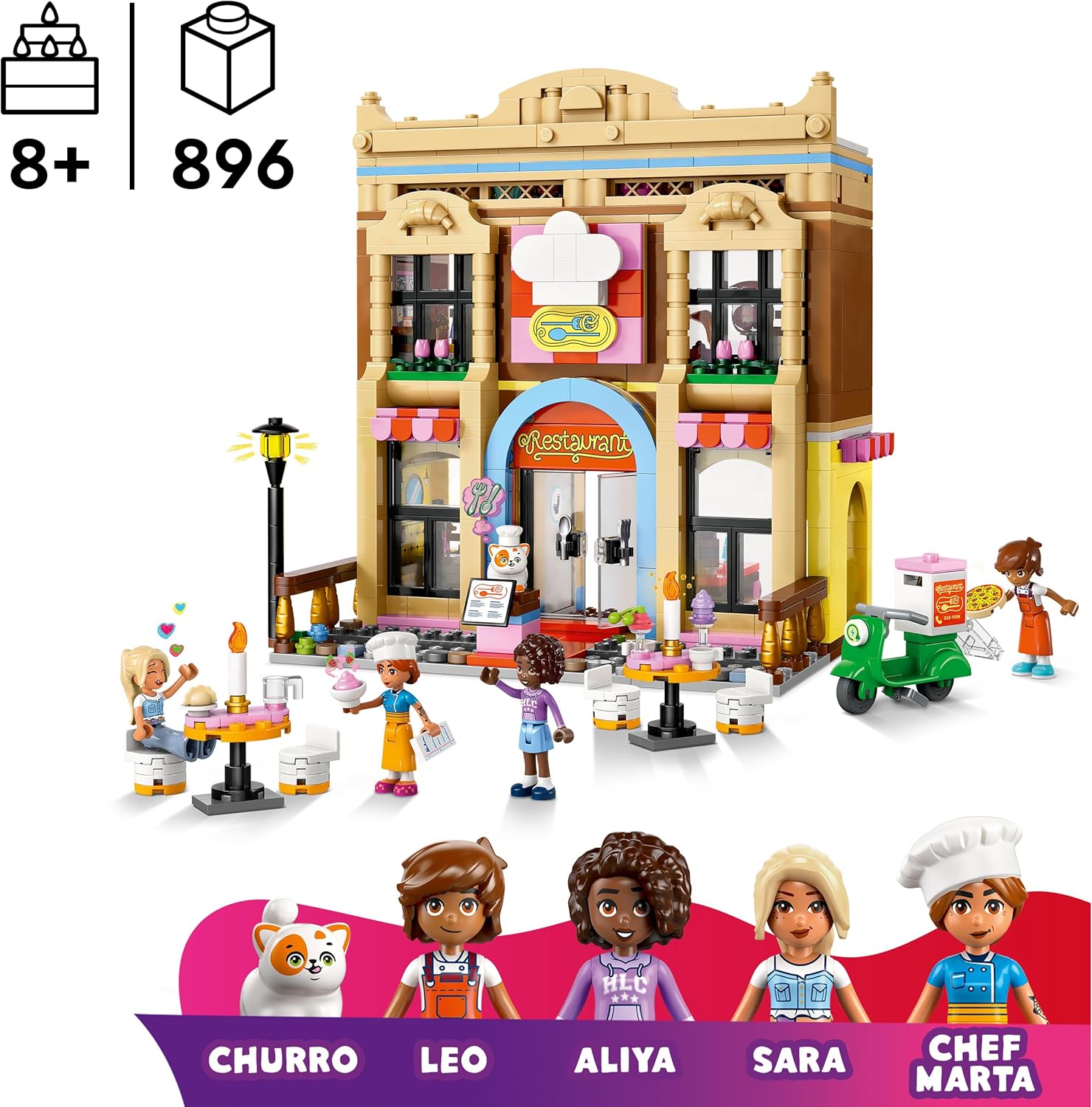 LEGO Friends Restaurant and Cooking School, Pretend-Play Food Role-Play Toy, Kids’ Building Kit for Girls and Boys Aged 8 Years Old and Over, 4 Minidolls and a Cat Figure, Promotes Social Skills 42655