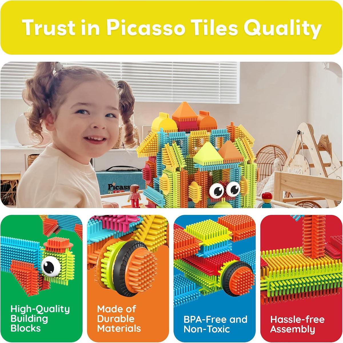 PicassoTiles 120pcs HedgehogTiles Building Block, Stacking Interlock Teeth Construction Sensory Gift STEM Toy for Kids Toddlers Age 3 + PTB120