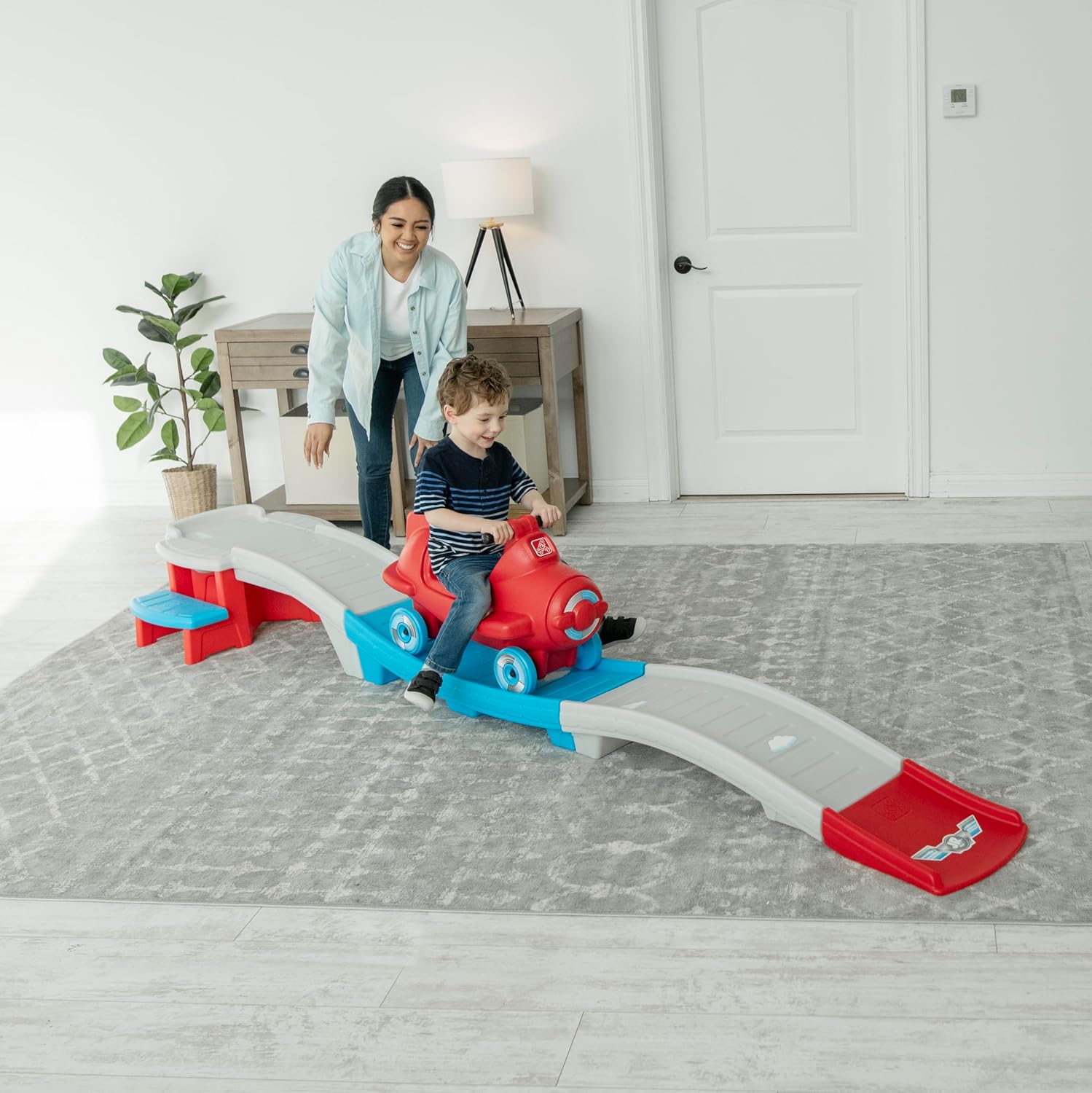 Step2 Sky Rider Up & Down Roller Coaster Ride-On Toy with Airplane Coaster Car, Indoor & Outdoor Playset for Toddlers, Durable Plastic Track, Red, 2+ Years