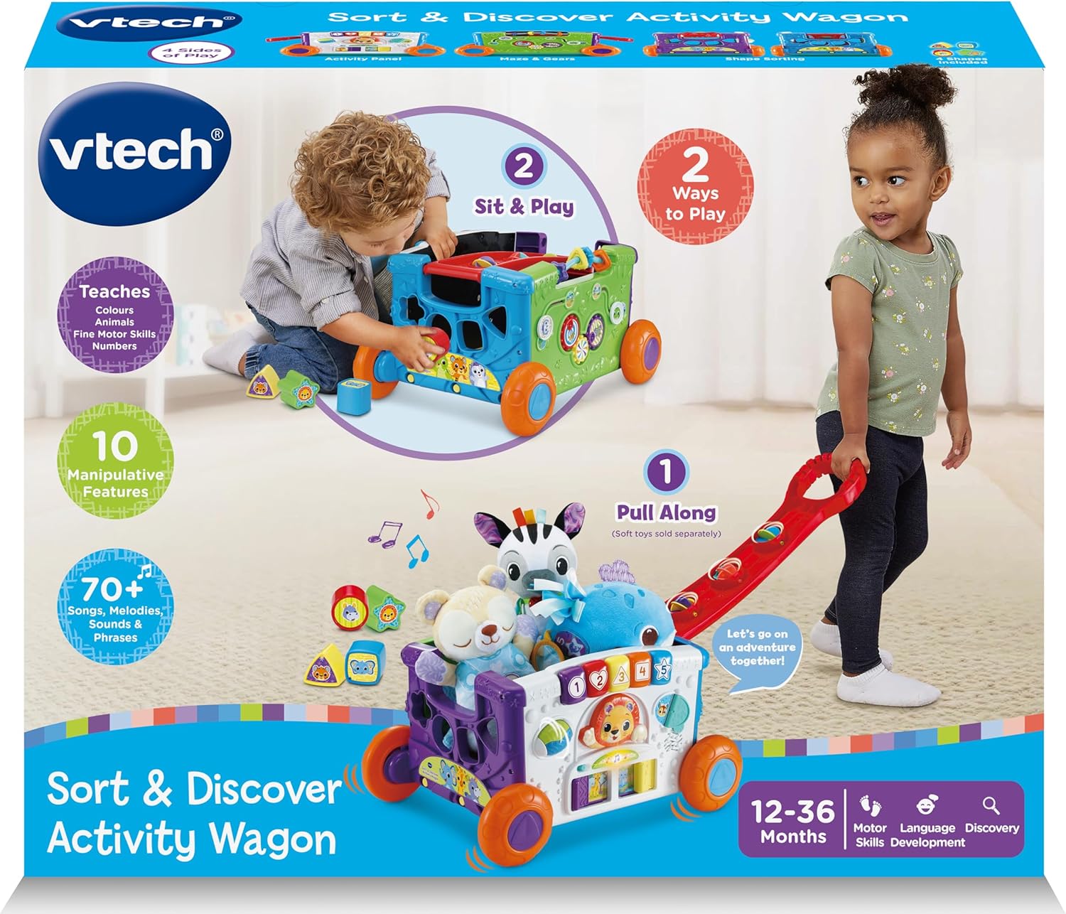 VTech Sort & Discover Activity Wagon Toddler Pull Along Learning Toy with Light-Up Panel Shape Sorter and Gears Multicolour 12m+