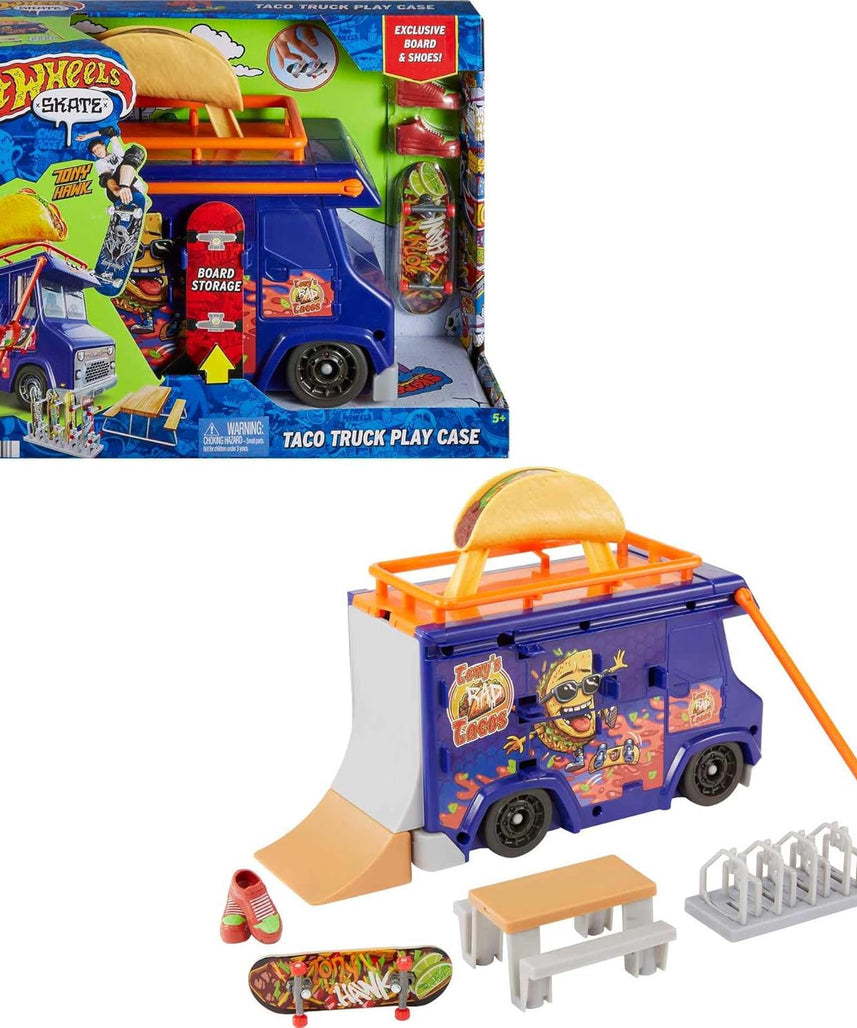 Hot Wheels Skate Taco Truck Play Case with Exclusive Tony Hawk Fingerboard, Skate Shoes, Mobile Skatepark, Storage for Boards and Accessories, Kids Toys for Ages 3 and Up