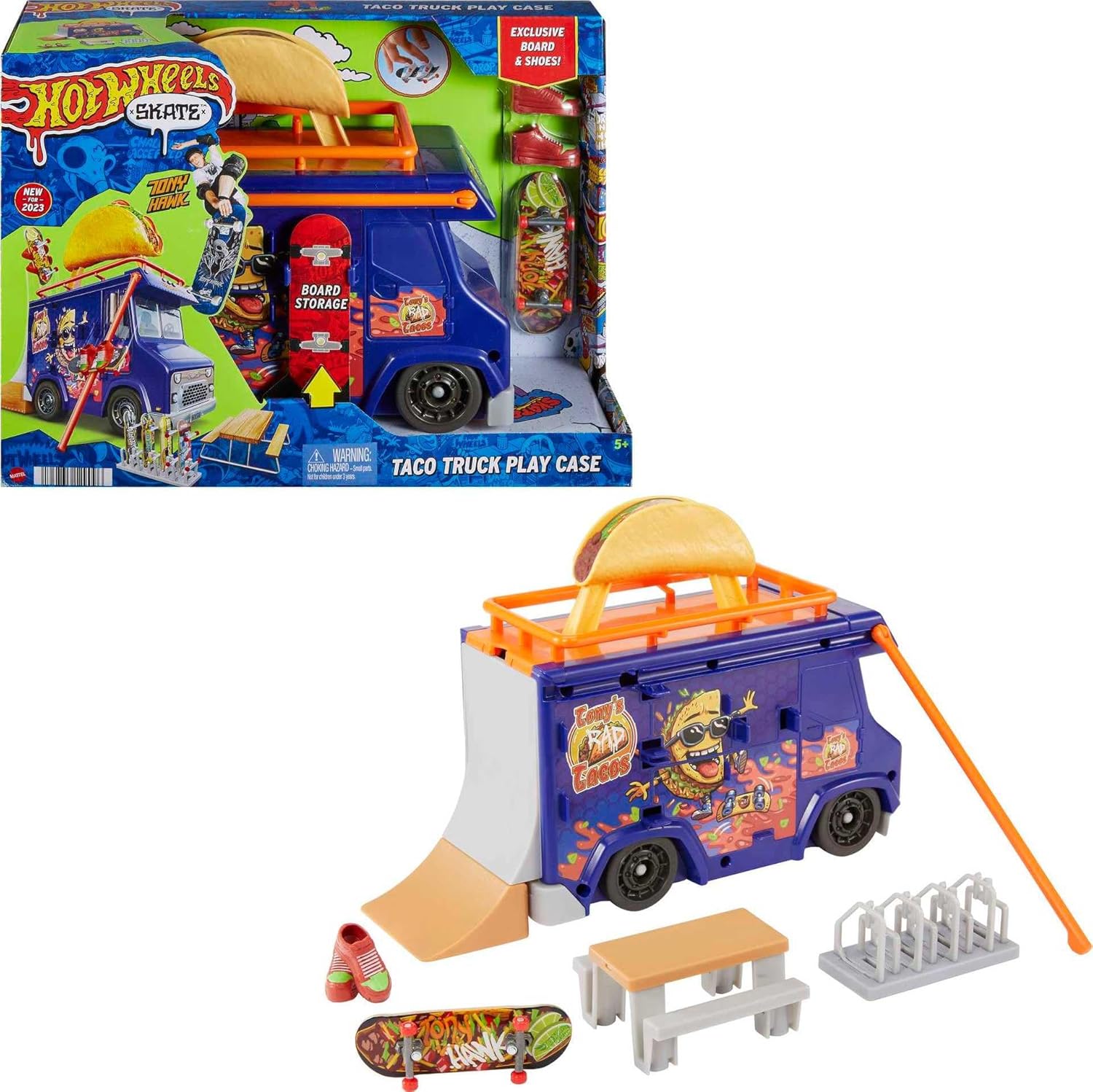 Hot Wheels Skate Taco Truck Play Case with Exclusive Tony Hawk Fingerboard, Skate Shoes, Mobile Skatepark, Storage for Boards and Accessories, Kids Toys for Ages 3 and Up