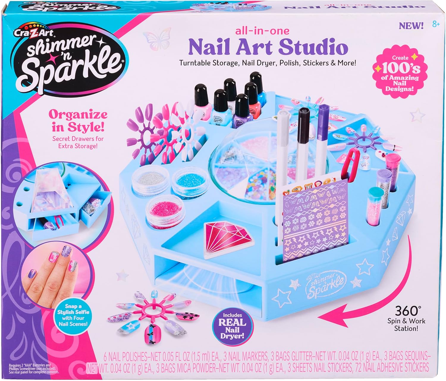 Shimmer N Sparkle Nail Art Studio 360° Spin Workstation with Dryer, Polishes, Stickers & Storage Drawers, Complete Nail Design Kit for Kids Ages 8+