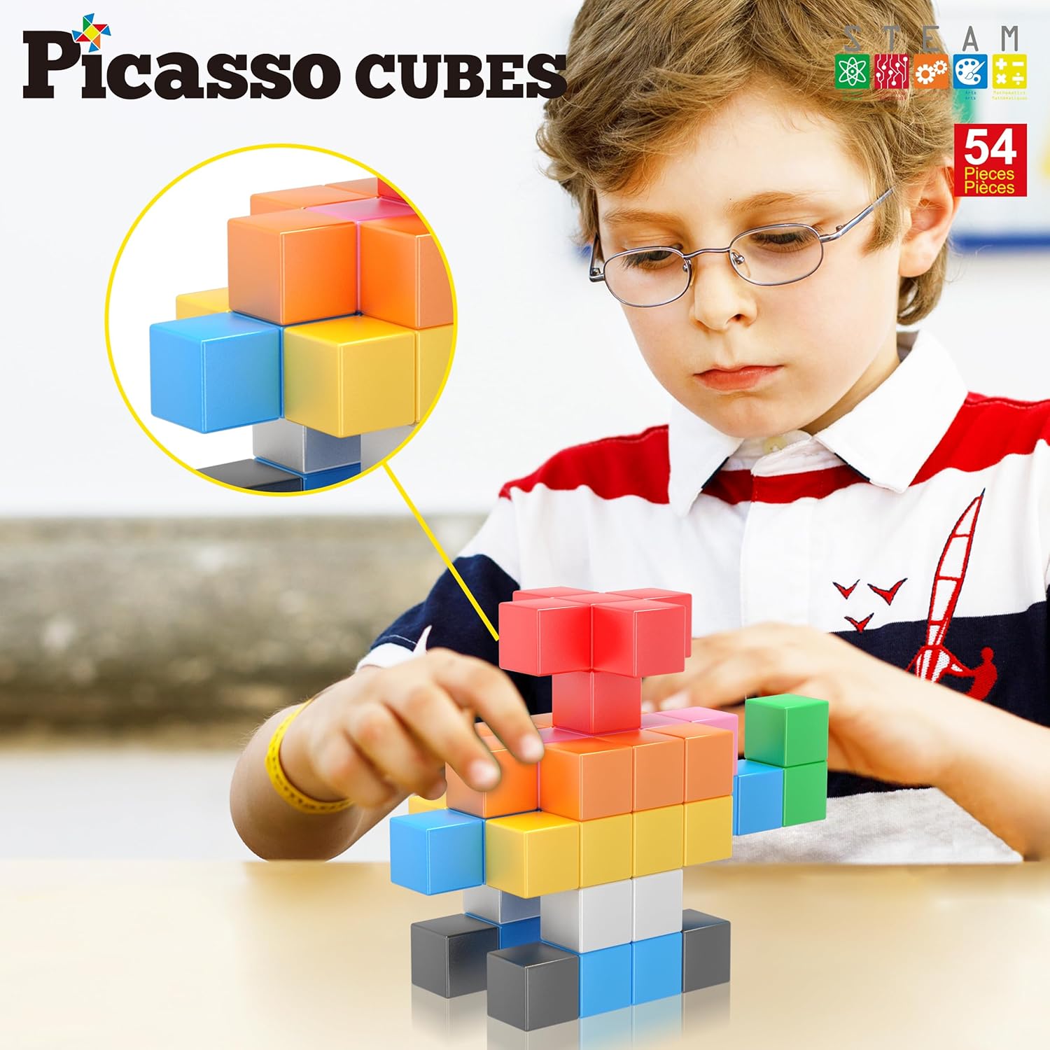 PicassoTiles Magnet Cube Building Blocks 54 Pieces 1.2" 3CM Magnetic Cubes Toy Construction Building Educational Sensory Toys with Idea Booklet for School & Preschool Kids Boys Girls Toddlers PMC301