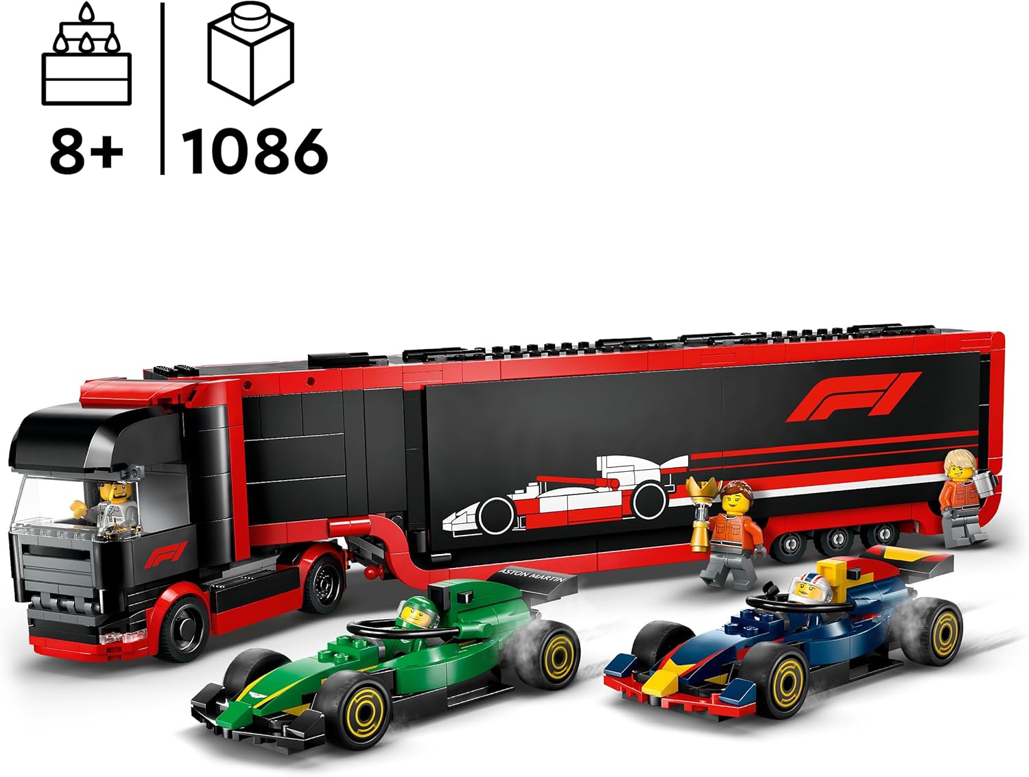 LEGO City F1 Truck with RB20 & AMR24 F1 Cars - Car Transporter Toy for RB & Aston Martin Formula 1 Teams - Incl. 2 Drivers & Race Simulator - Gifts for 8+ Year Old Boys & Girls - 60445