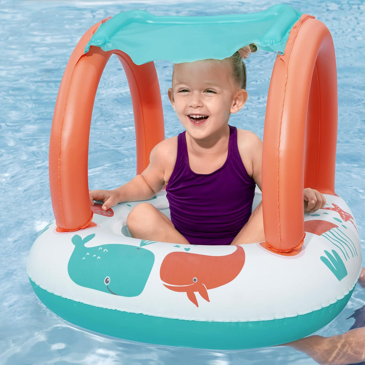 Bestway UV Care Comfort Plush Shaded Baby Boat Sea Animals 84X67cm, Outdoor & Indoor Relaxation & Play, Pool Baby Boats & Rafts, Soft Smooth Comfort Velvet-like Material