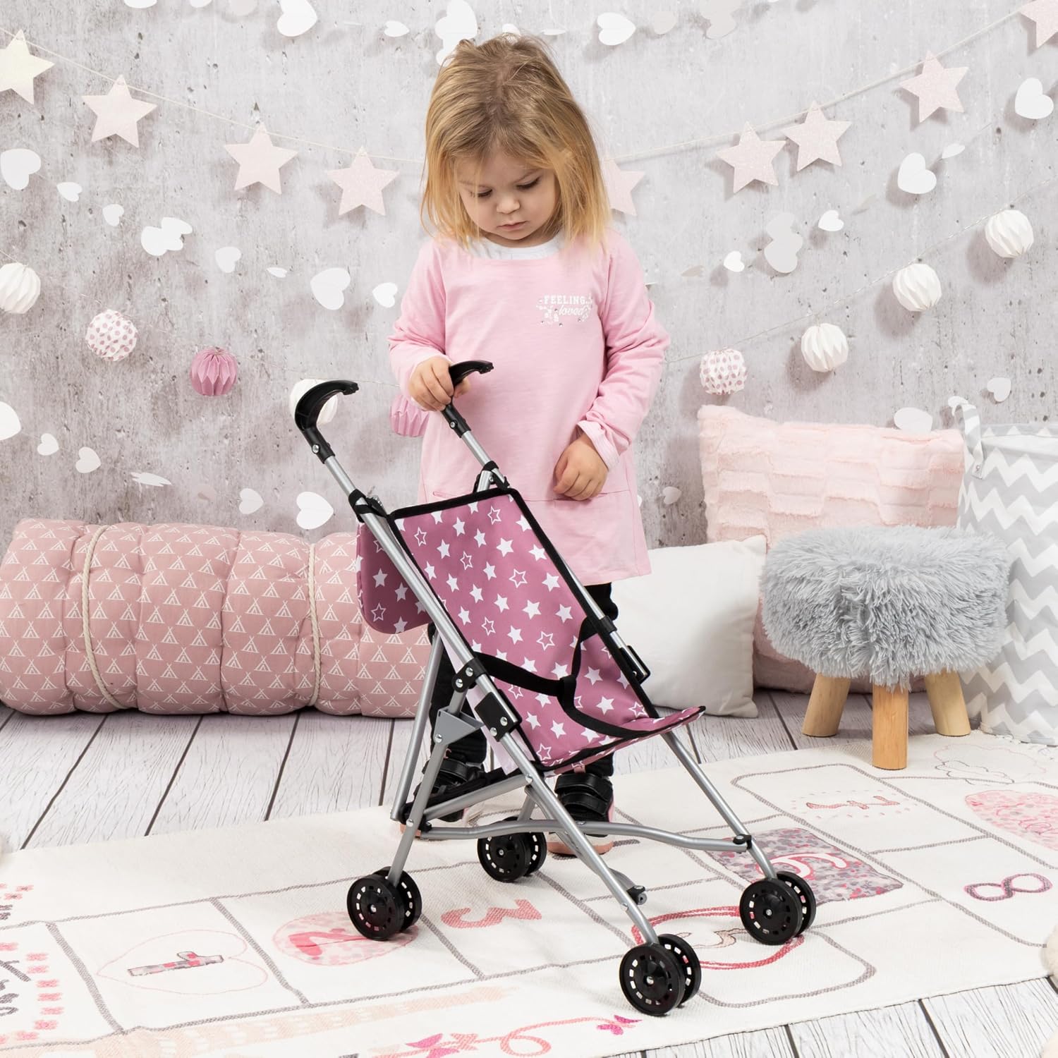 BAYER DOLLS BUGGY SET WITH BAG 46CM | Foldable, metal, dusky pink with stars