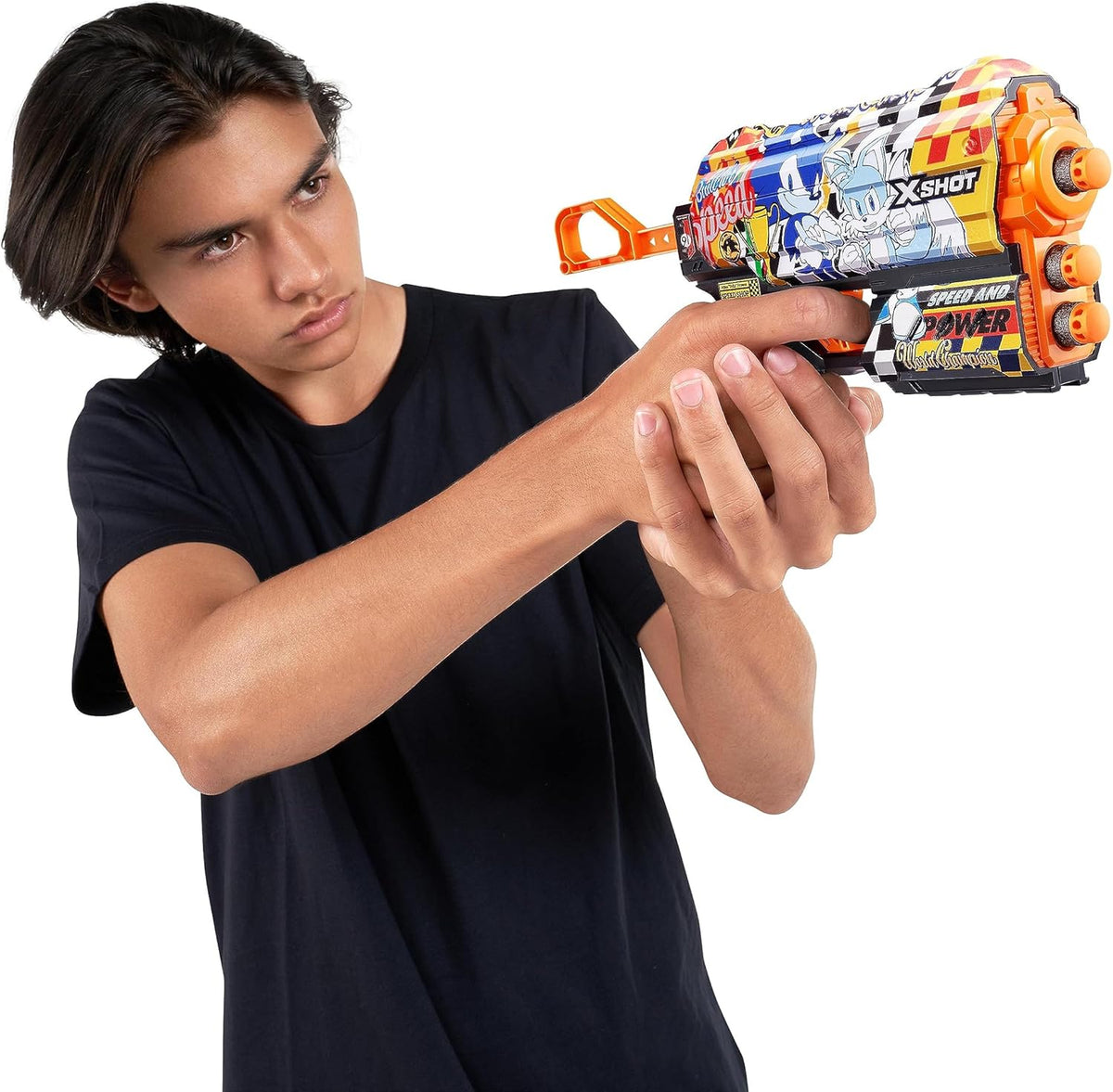 إكس شوت سكينز فلوكس سونيك بلاستر، موضوع سونيك القنفذ، 8 سهام، تقنية الجيب الهوائي، تخزين سهام فردية وأمامية، مدى 27 مترًا / 90 قدمًا، لعبة سهام إسفنجية خارجية، للأطفال والمراهقين