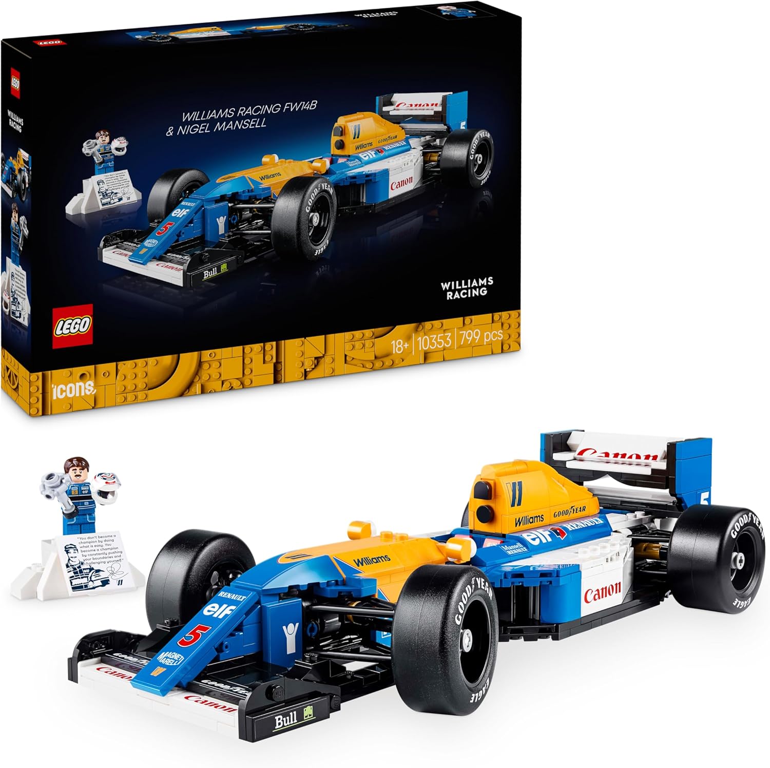 LEGO Icons Williams Racing FW14B & Nigel Mansell - F1 Car Model Set for Adults, with a Collectible Driver Minifigure, Trophy & Display Stand - Ramadan Gift for Adult & Teenage Motorsports Fans - 10353