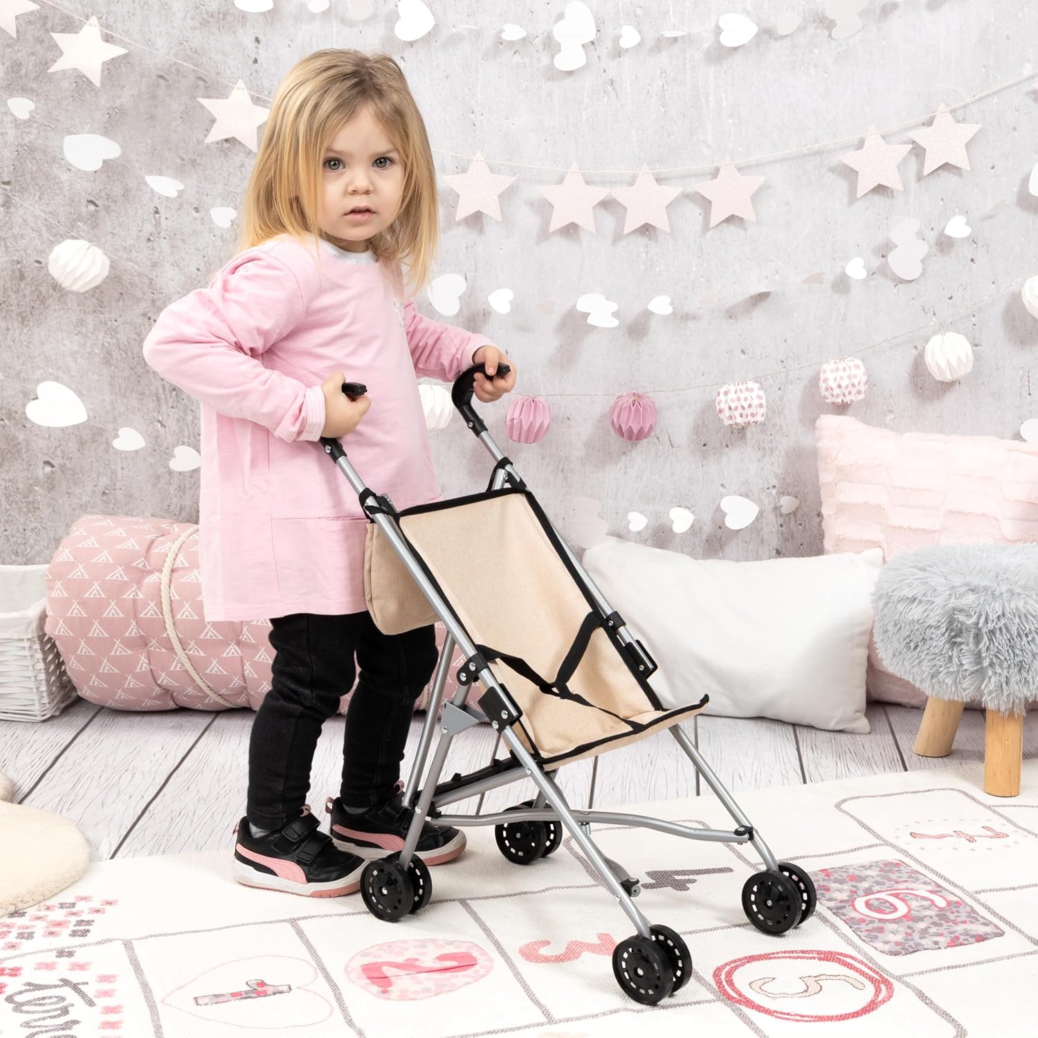 BAYER DOLLS BUGGY SET WITH BAG 46CM | Foldable, built-in safety belt, double wheels for easy pushing, made of metal