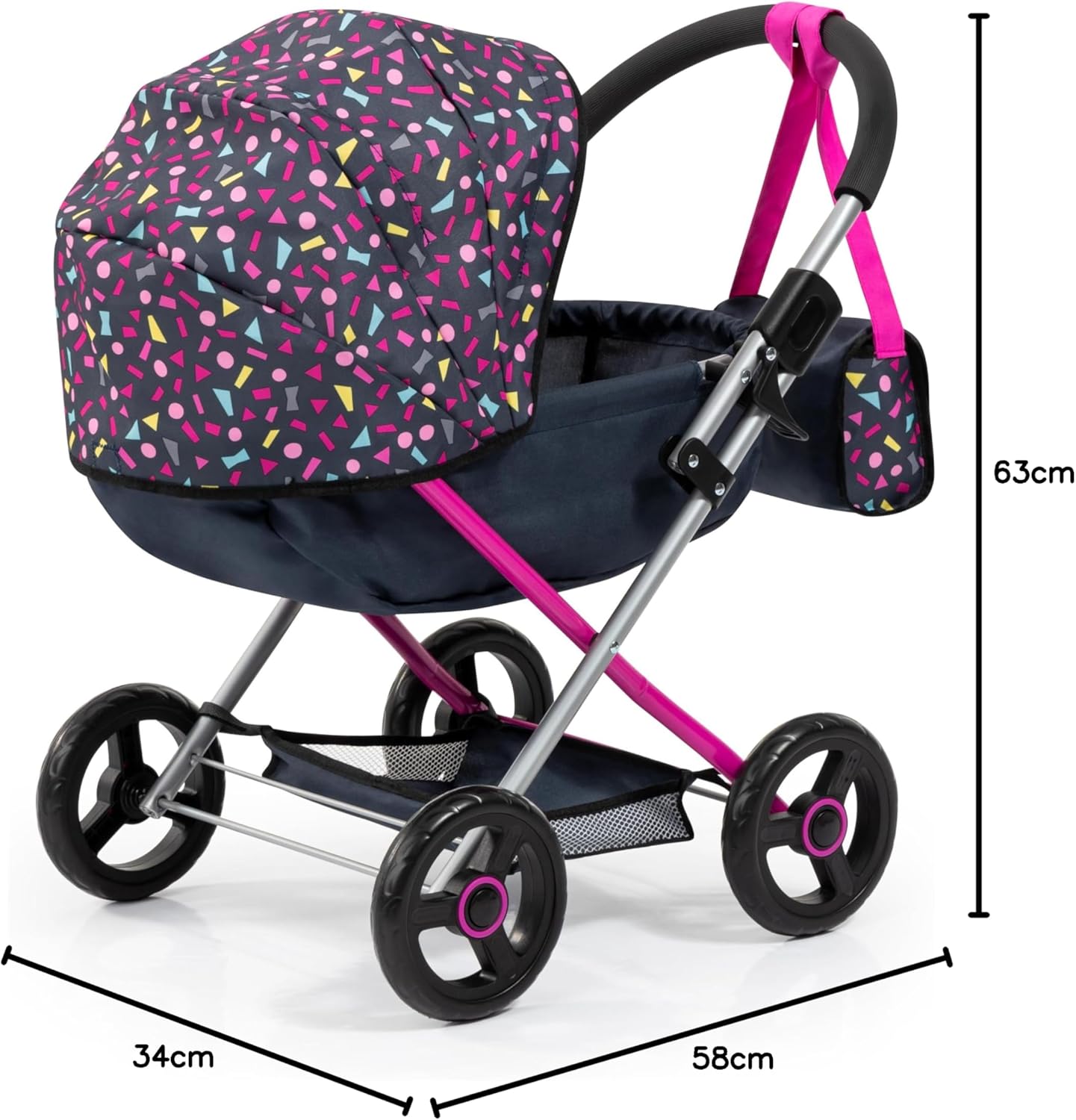 Bayer Pram Set Smarty for 46cm Dolls, Foldable Doll Stroller with Blanket, Pillow, and Integrated Basket, Role Play Toy for Kids, 3Y+ Years