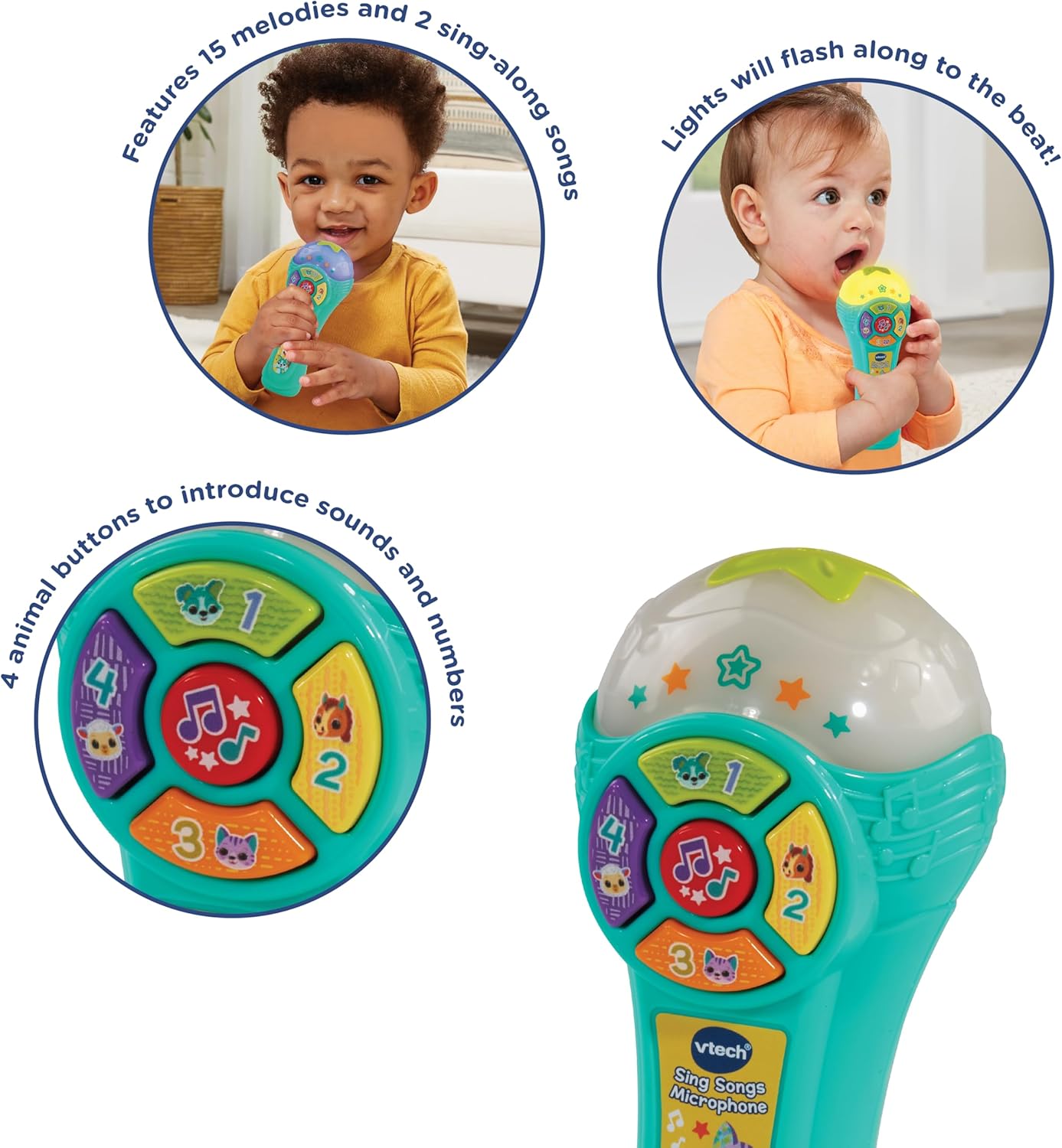 VTech Baby Sing Songs Microphone, Interactive Microphone Toy with 4 Buttons for Animals, Sounds & Numbers, Flashing Lights & Music, Musical Toy for Children 12, 18, 24 Months +, Version