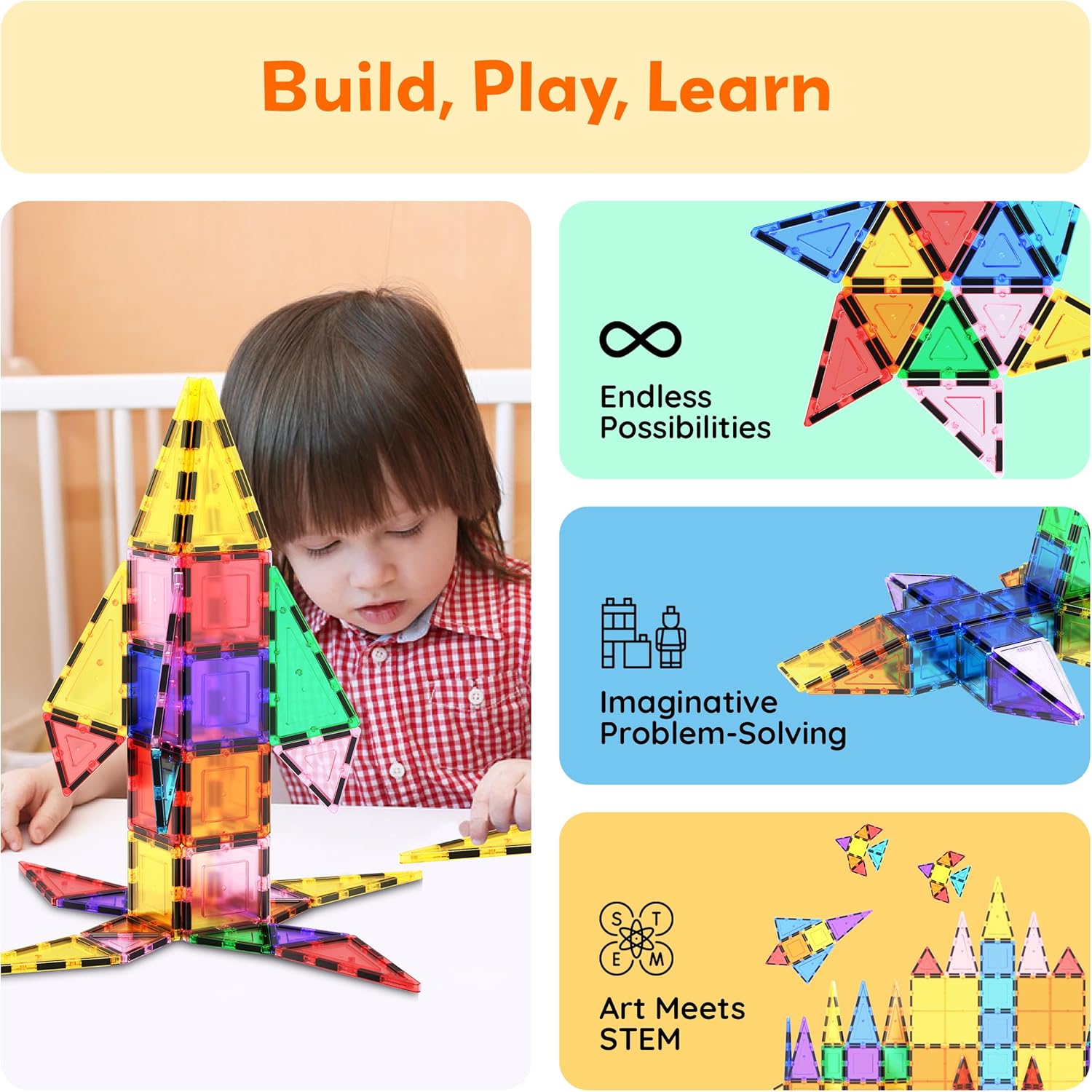 PicassoTiles 101pcs Magnetic Building Block Toy + Case Set Magnet Tile Construction Blocks for Ages 3 and Up Educational Kit Child Brain Development Learning Playset in Portable Travel Carry Bin
