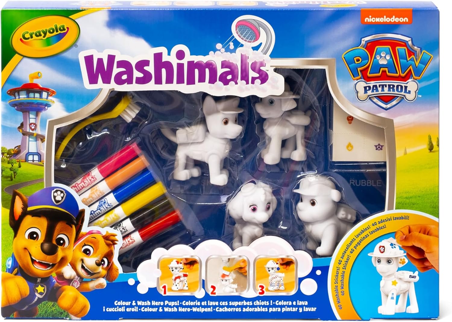 CRAYOLA - Washimals Paw Patrol Activity Set with 4 Puppies, 6 Washable Markers, 40 Stickers and Brush, Toy and Gift for Children, from 3 Years