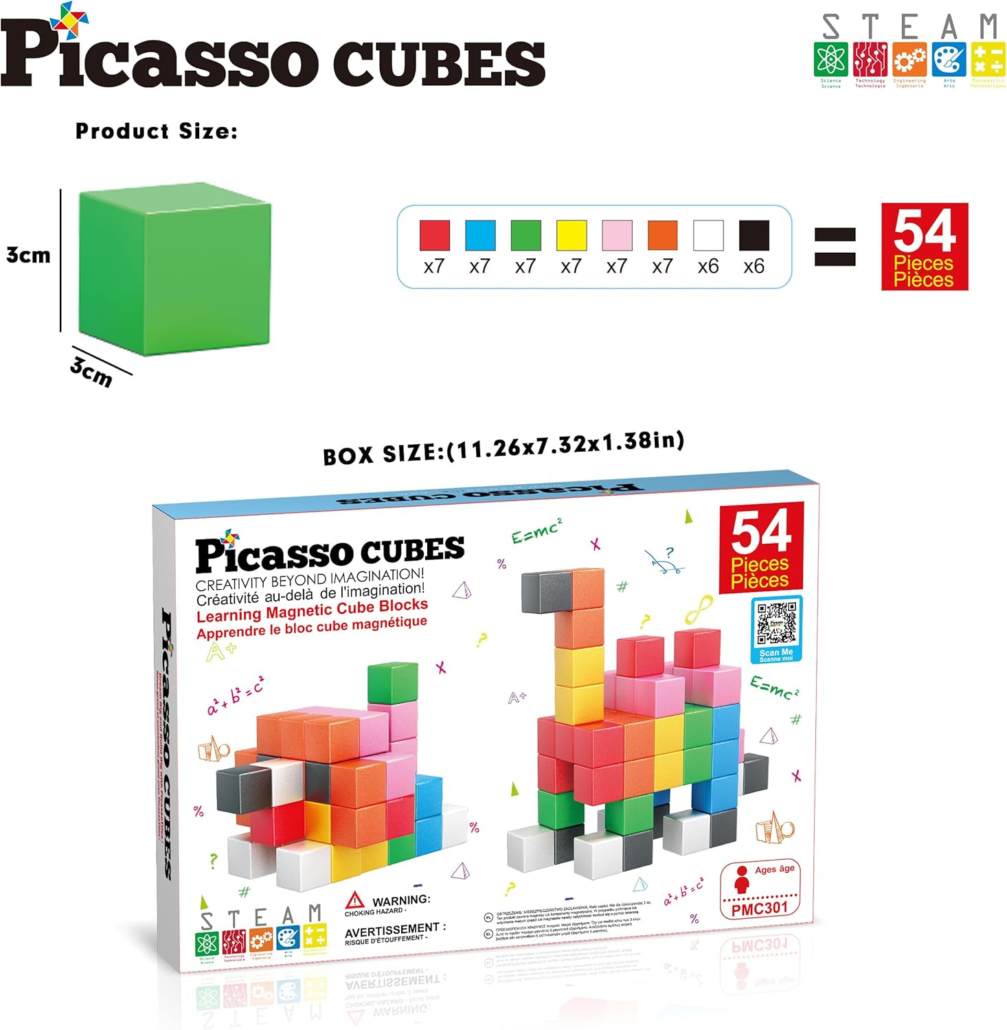 PicassoTiles Magnet Cube Building Blocks 54 Pieces 1.2" 3CM Magnetic Cubes Toy Construction Building Educational Sensory Toys with Idea Booklet for School & Preschool Kids Boys Girls Toddlers PMC301