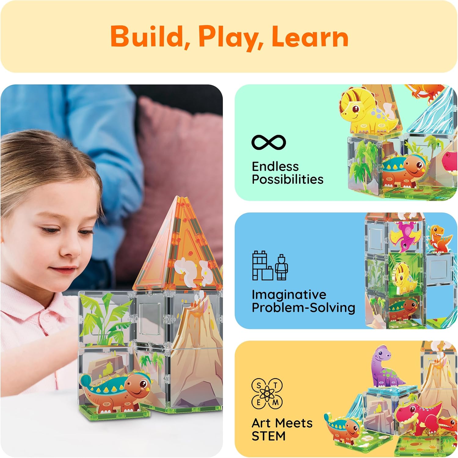 PicassoTiles 38pc Magnet Tiles Building Blocks Dinosaur Theme Set with 8 Magnetized Action Figures Magnetic Construction Build and Play Toys with Magnets STEM Learning Activities for Toddlers 3+ PTQ13