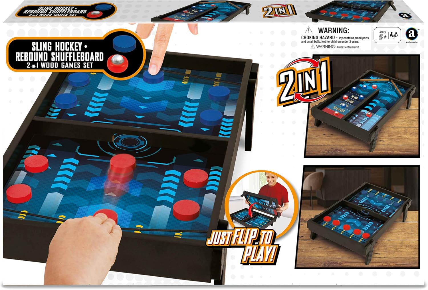 Ambassador 2 in 1 Sling Hockey and Rebound Shuffleboard Game for Kids 6+ Years, 2 Player Tabletop Action Game