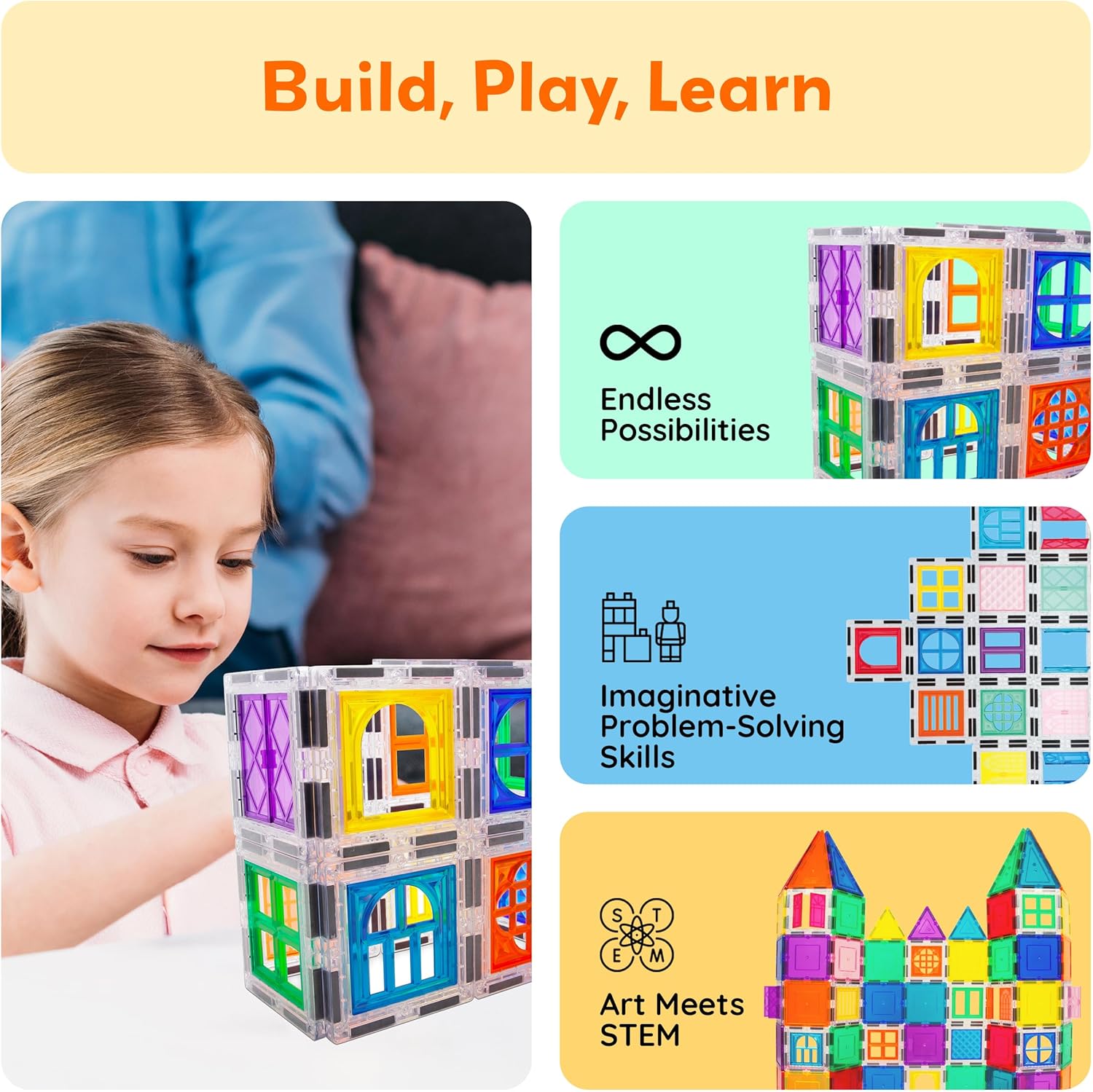 PicassoTiles 30 Piece Window and Door Clip On Magnetic Blocks Magnet Tiles Magnets Building Tile Construction Toy Set STEM Education Toys Learning Kit Stacking Block Playset Boys & Girls Age 3+ PT30