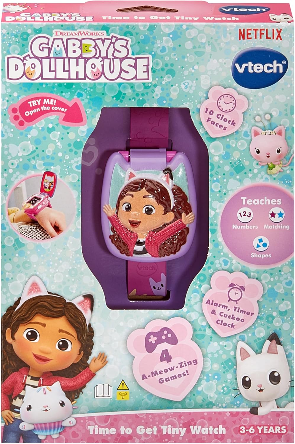 VTech - Gabby’s Dollhouse Time to Get Tiny Watch - Multicolour | includes 10 digital clock faces featuring Gabby and her kitty friends, a stopwatch| Suitable ages 3 + up