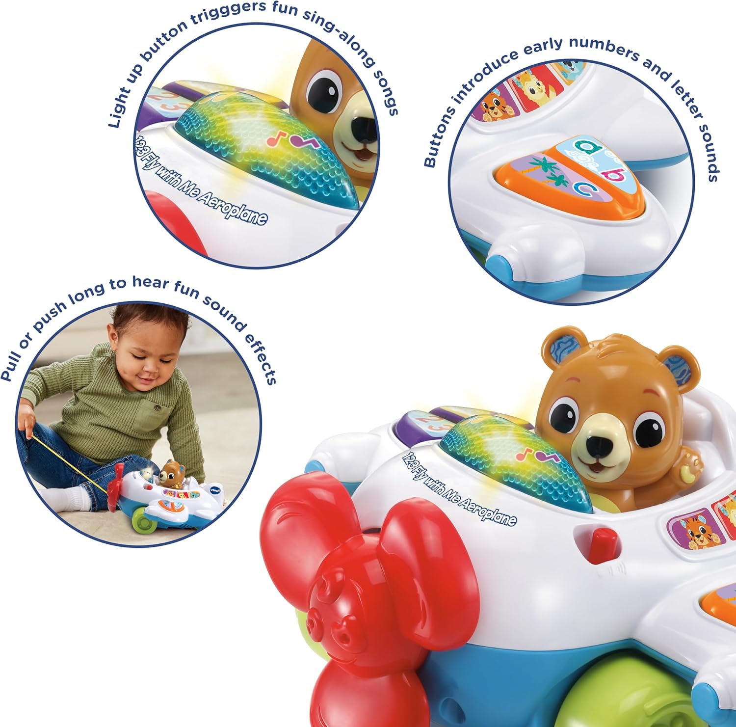 VTech 123 Fly with Me Airplane Musical Learning Toy with Lights Sounds Pull Along Captain Bear Multicolour 9m+
