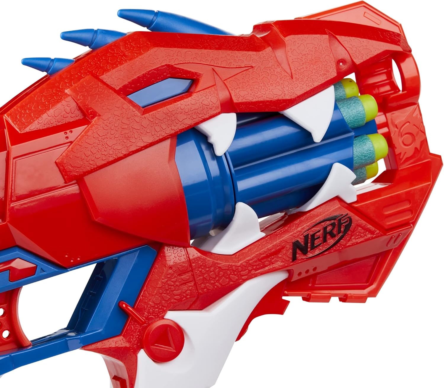 Nerf DinoSquad Raptor-Slash Dart Blaster, 6-Dart Rotating Drum, Slam-Fire Action, 6 Official Nerf Elite Darts, Velociraptor Dinosaur Design, Multicolour