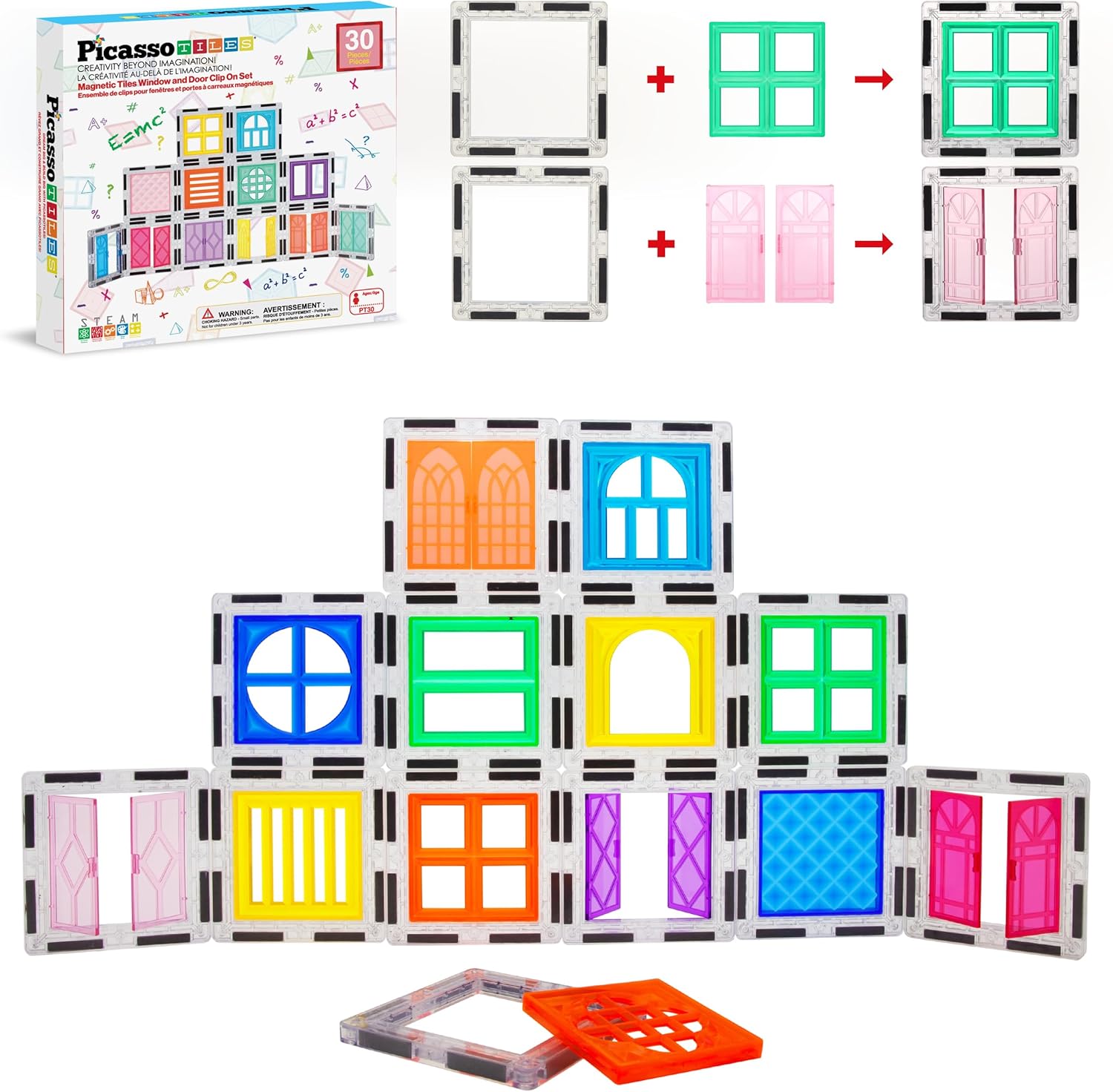 PicassoTiles 30 Piece Window and Door Clip On Magnetic Blocks Magnet Tiles Magnets Building Tile Construction Toy Set STEM Education Toys Learning Kit Stacking Block Playset Boys & Girls Age 3+ PT30