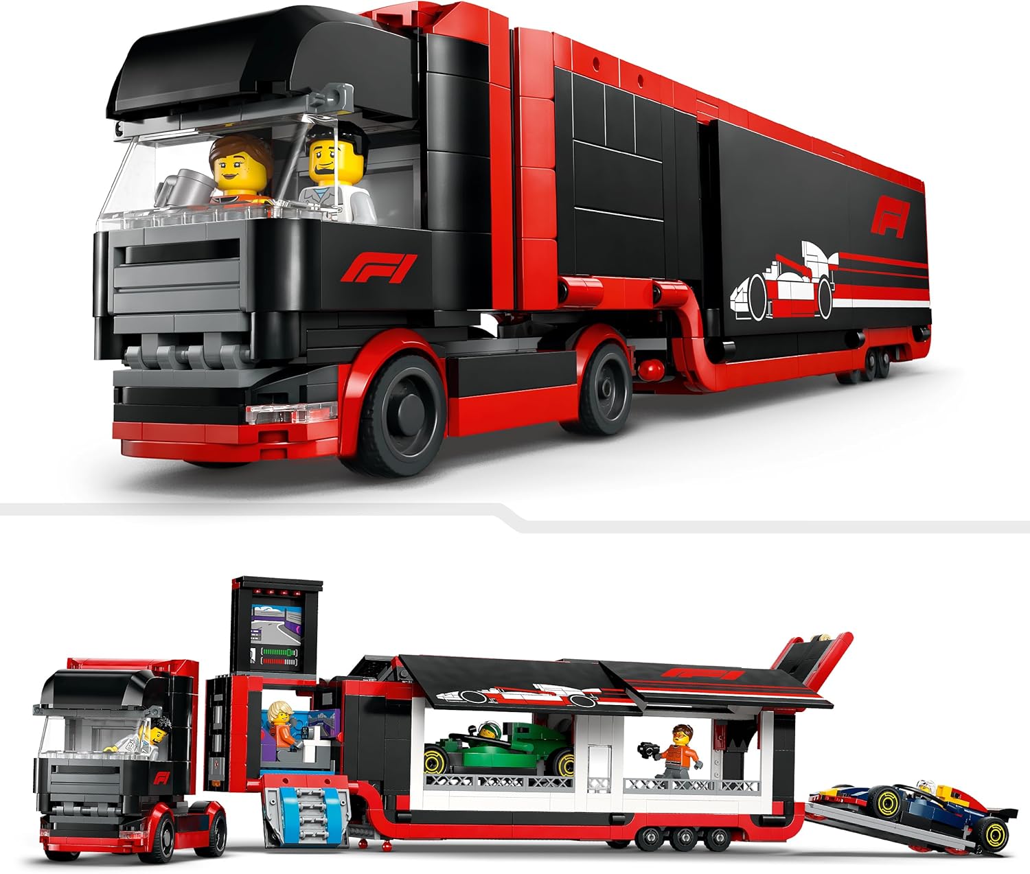LEGO City F1 Truck with RB20 & AMR24 F1 Cars - Car Transporter Toy for RB & Aston Martin Formula 1 Teams - Incl. 2 Drivers & Race Simulator - Gifts for 8+ Year Old Boys & Girls - 60445