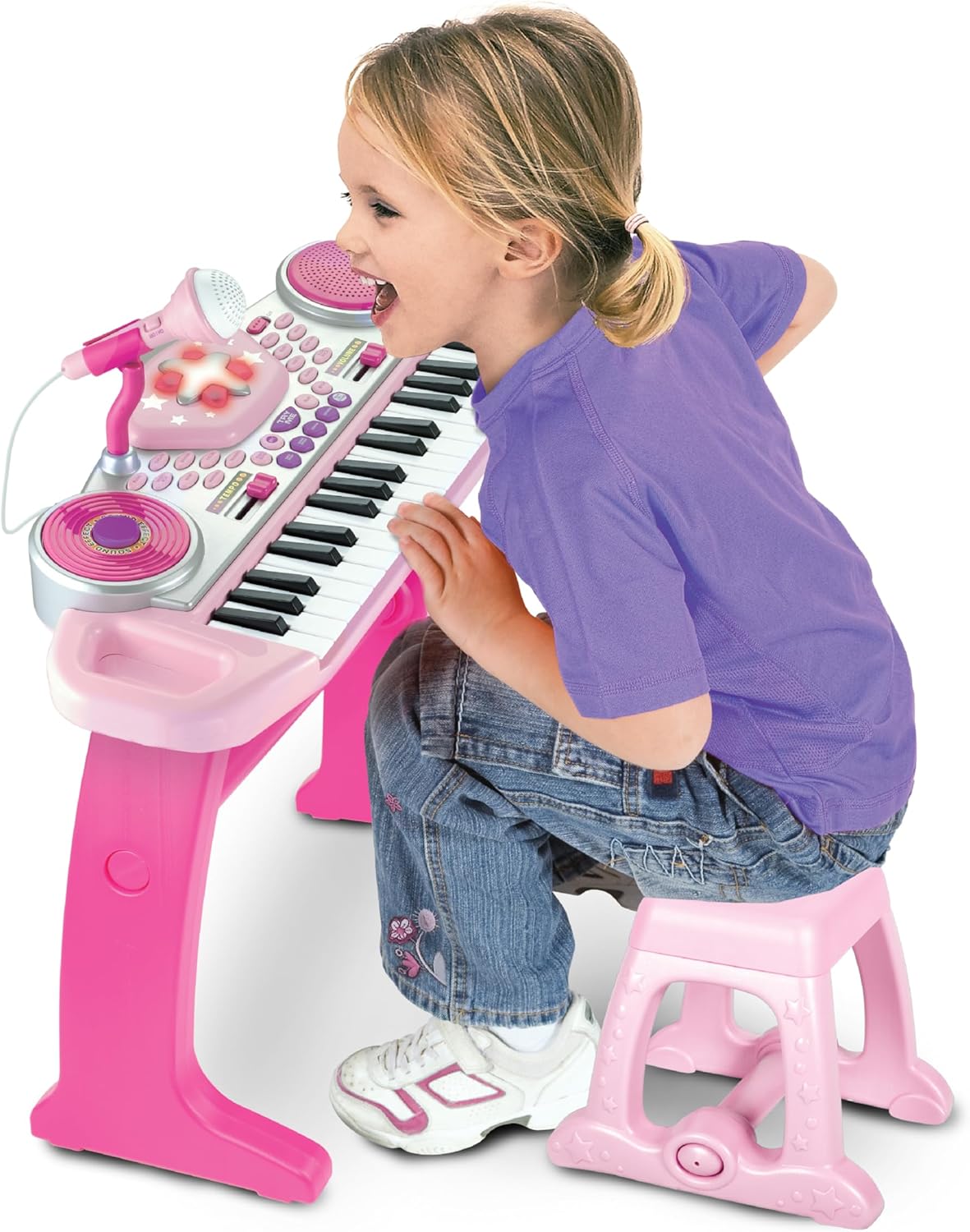 Winfun Keyboard Rock Star Set | 37-Key Kids Musical Toy with Light-Up Keys, Mic, DJ Pad & Stand | 8 Rhythms, 5 Drum Sounds & Tempo Control | Interactive Educational Music Toy for Kids 3+ Years