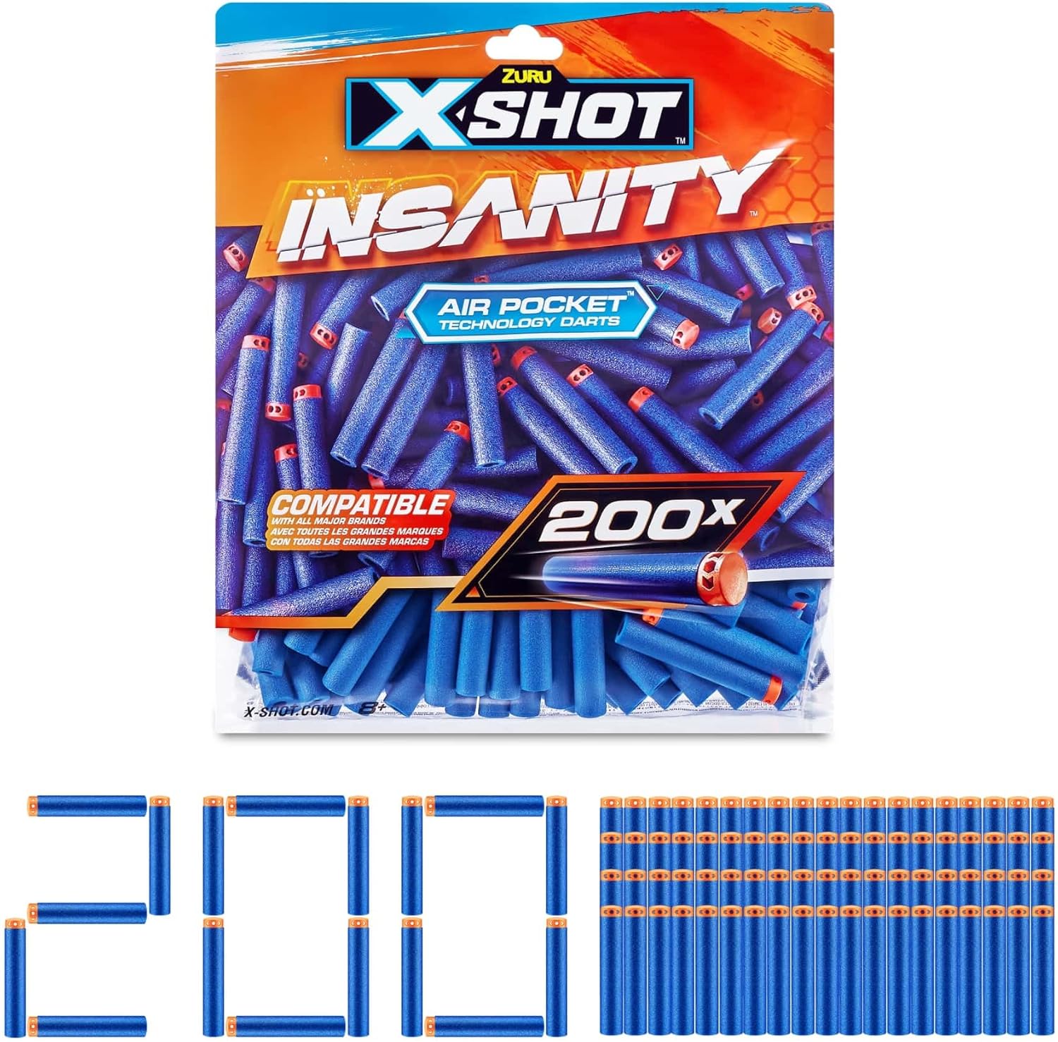 X-Shot Insanity 200 Foam Dart Refill Pack with Air Pocket Technology, Compatible with X-Shot and Other Foam Blasters, Outdoor Toy Ammo for Kids Age 8 and Up