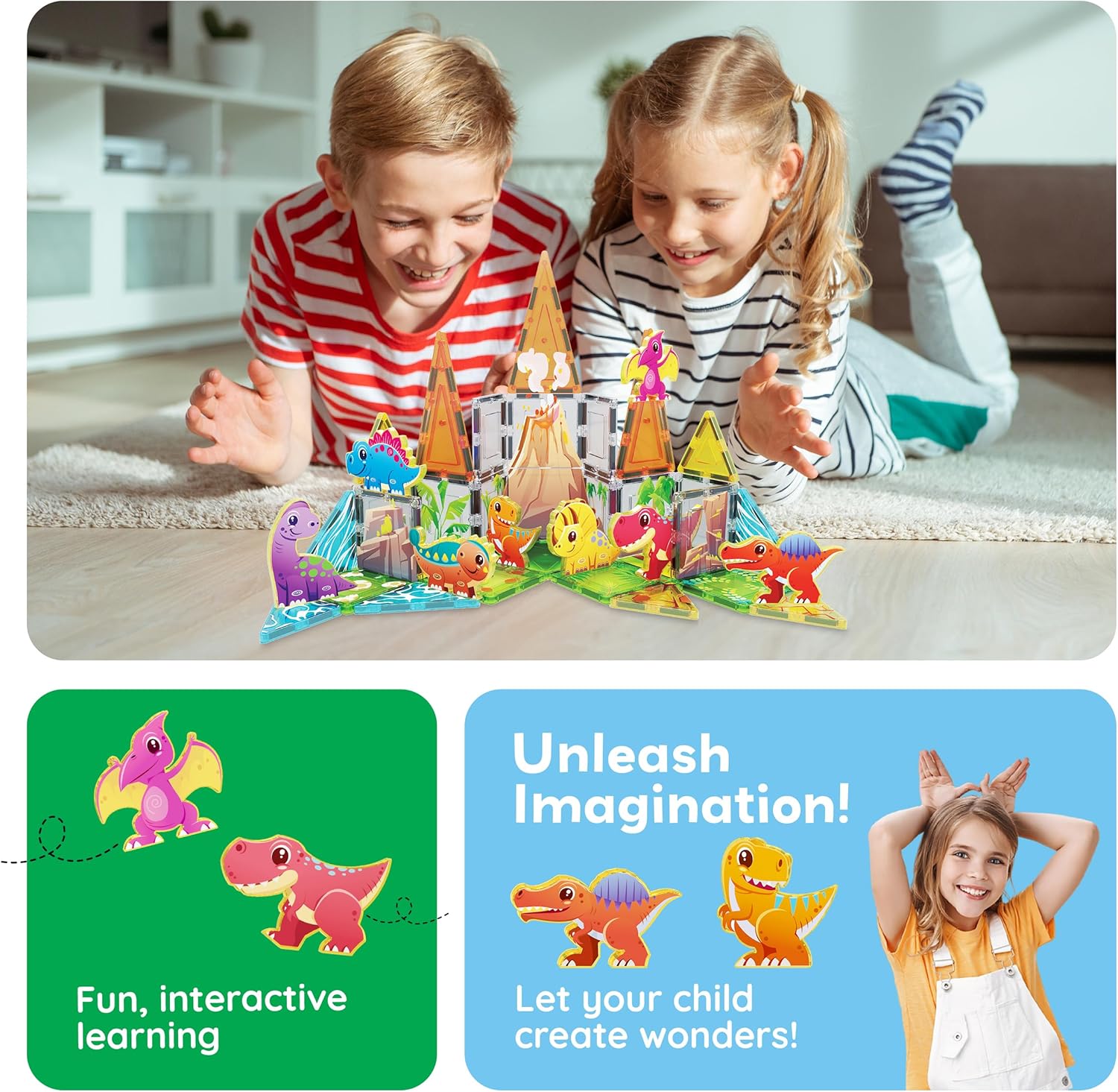 PicassoTiles 38pc Magnet Tiles Building Blocks Dinosaur Theme Set with 8 Magnetized Action Figures Magnetic Construction Build and Play Toys with Magnets STEM Learning Activities for Toddlers 3+ PTQ13
