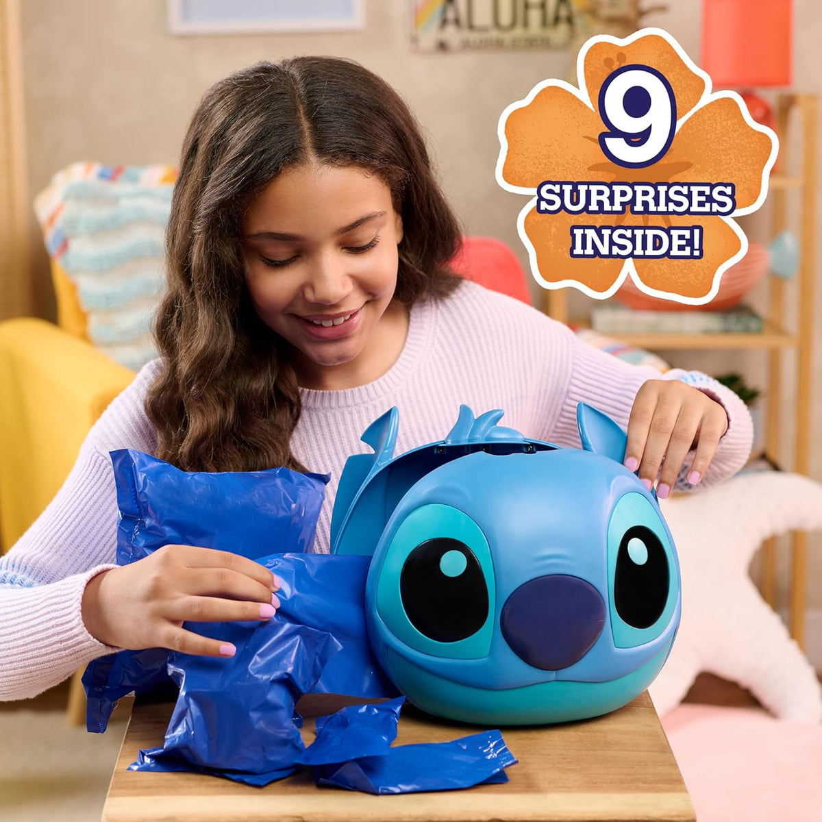 Disney Stitch Jumbo Mystery Capsule, 9 Inch Plush Toy, 8 Piece Surprise Set, Reusable Storage Capsule, Kids Toy Ages 3+