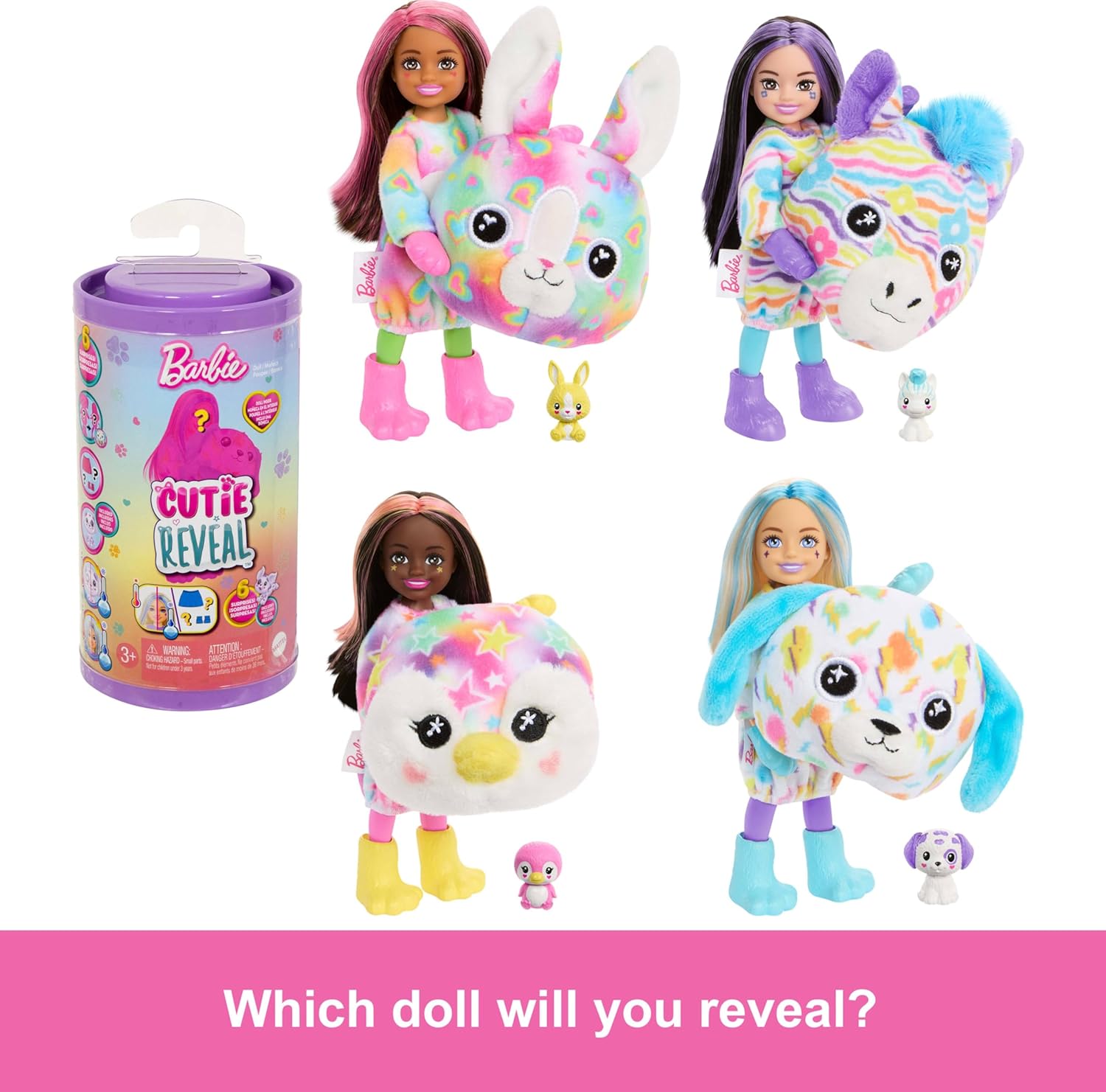 Barbie Cutie Reveal Chelsea Doll & Accessories, Color Dream Series Small Doll in Animal Plush Costume with 6 Surprises Including Color Change (Styles May Vary)