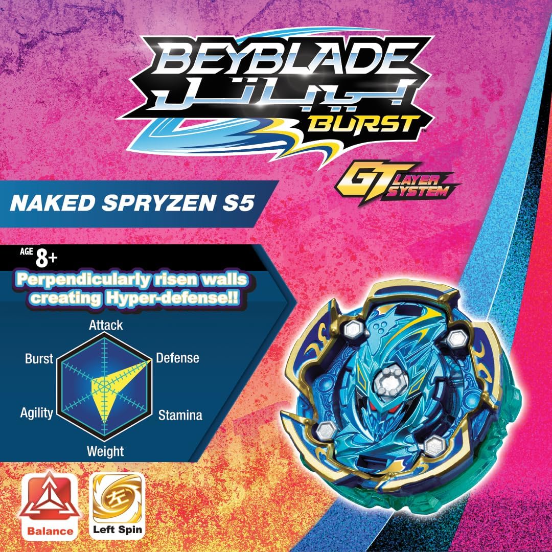 Takara Tomy Beyblade Burst S4 Naked Spryzen S5 Starter Set Left-Spin Defense Top with Launcher and Ripcord for Kids and Collectors Ages 8 and Up