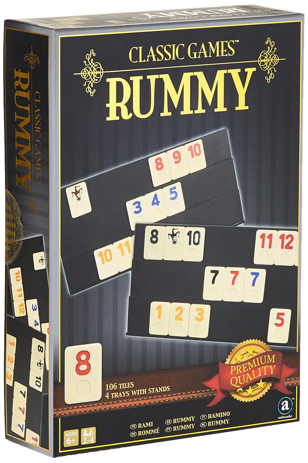 Ambassador Merchant Rummy Board & Card Games, 106 Melamine Pieces, Plastic Holder, Gold Foil Gift Box, Multi Color, +6-20 Years