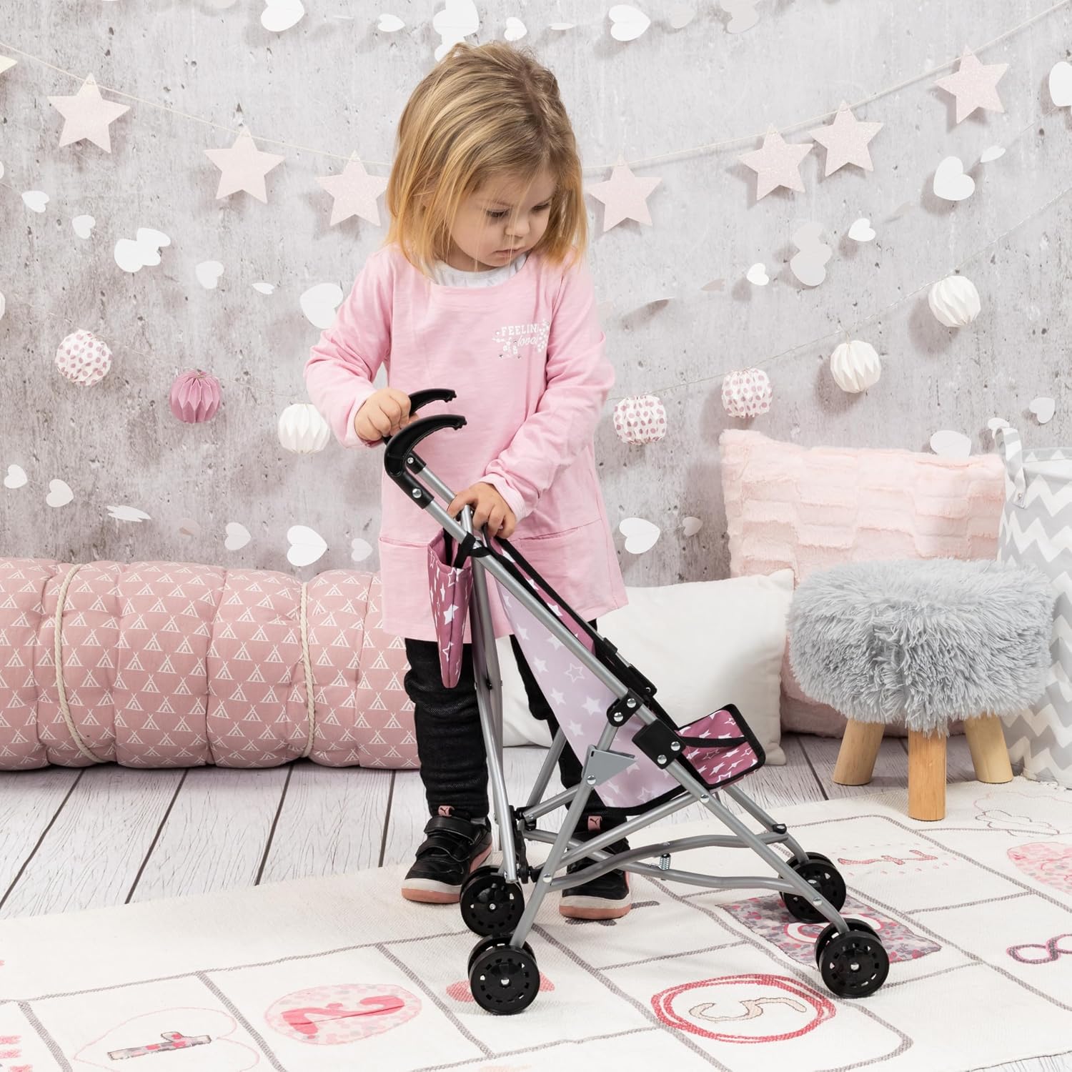 BAYER DOLLS BUGGY SET WITH BAG 46CM | Foldable, metal, dusky pink with stars
