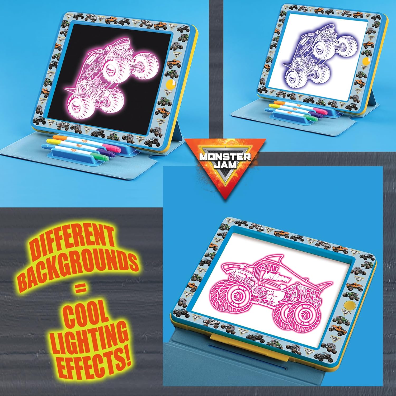 Monster Jam Premium Glow Pad with 8 LED Modes and Sound Effects, Battery Operated Drawing and Tracing Board with Multi-Color Markers, 3Y+ Years