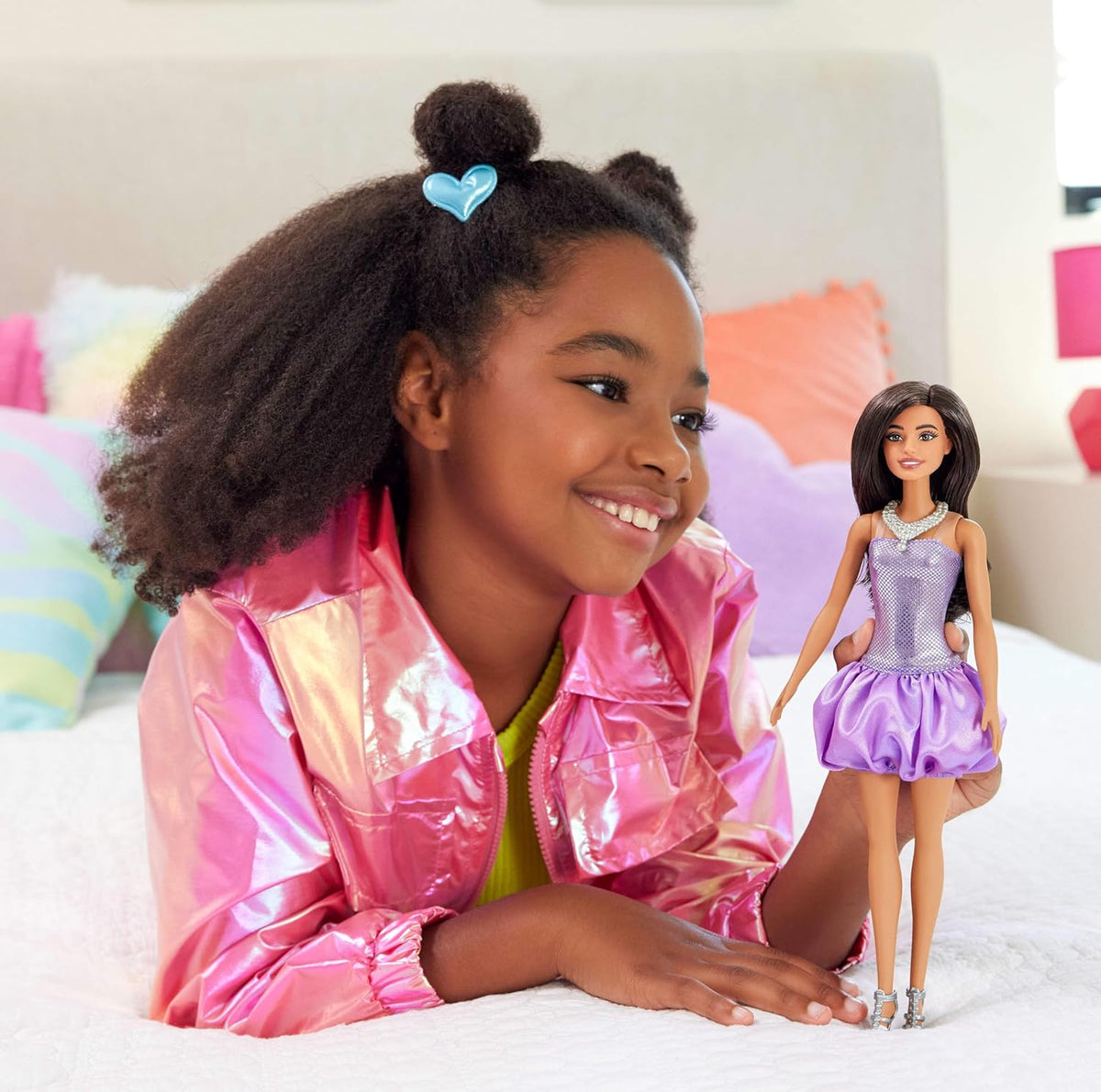Barbie Fashionistas Doll #234 with Brown Hair, Sequined Purple Bubble Dress, Satiny Skirt, Silvery Necklace and Heels