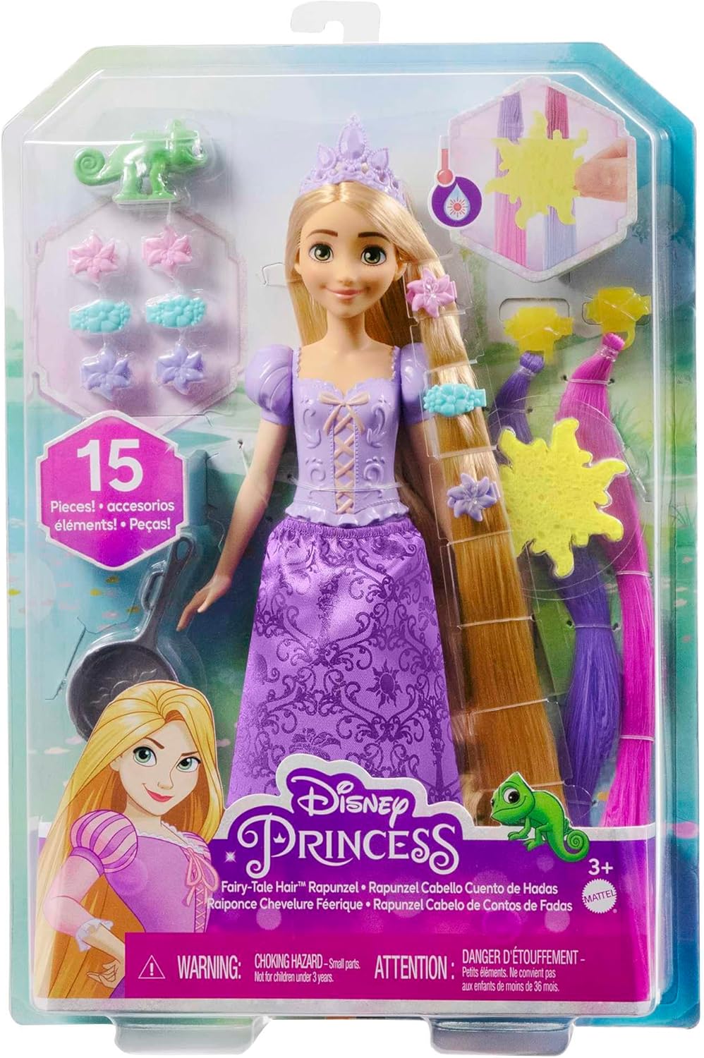 Mattel Disney Princess Toys, Doll Color Change Extensions and Hair Styling Pieces, Inspired by the Disney Movie, HLW18 Rapunzel With Hair Accessories