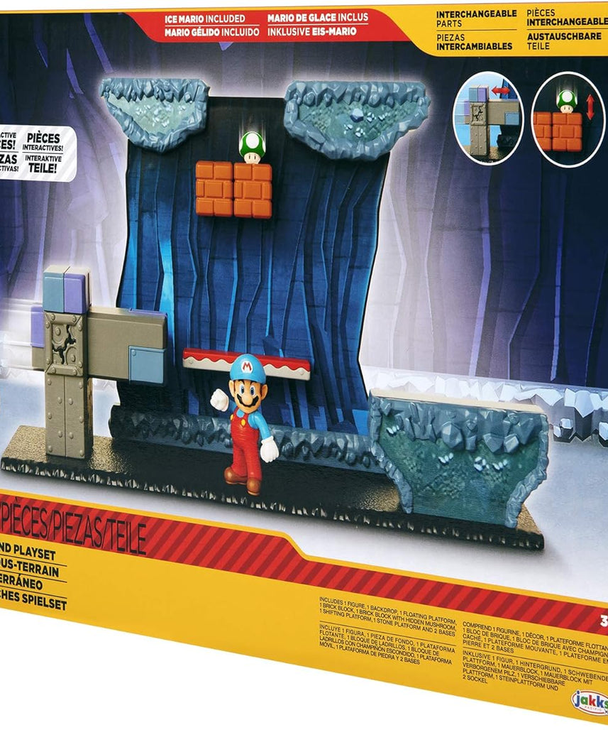 مجموعة ألعاب نينتندو سوبر ماريو أندرغراوند، مجسم ماريو الجليدي المفصل مقاس 2.5 بوصة، 5 قطع تفاعلية للبيئة، كتلة طوب مع فطر منبثق
