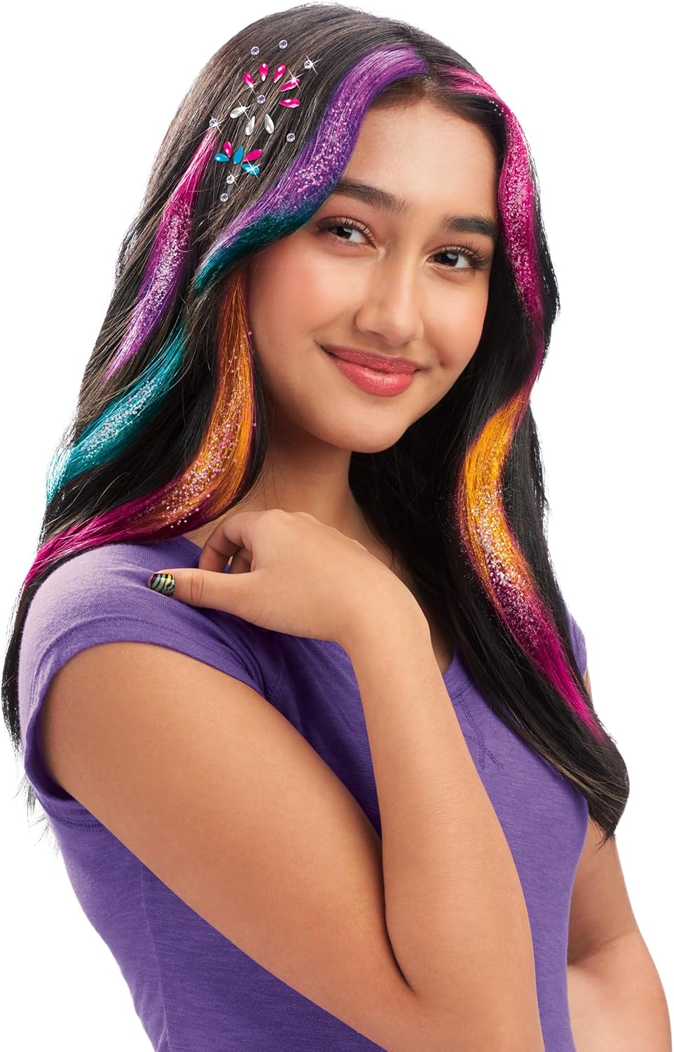 Shimmer N Sparkle Color FX Hair Extension Studio Kit with 4 Clip-In Extensions, Hair Glitter Gel, Hair Combs, and Clip & Color Design Board for Creative Styling- (65594)