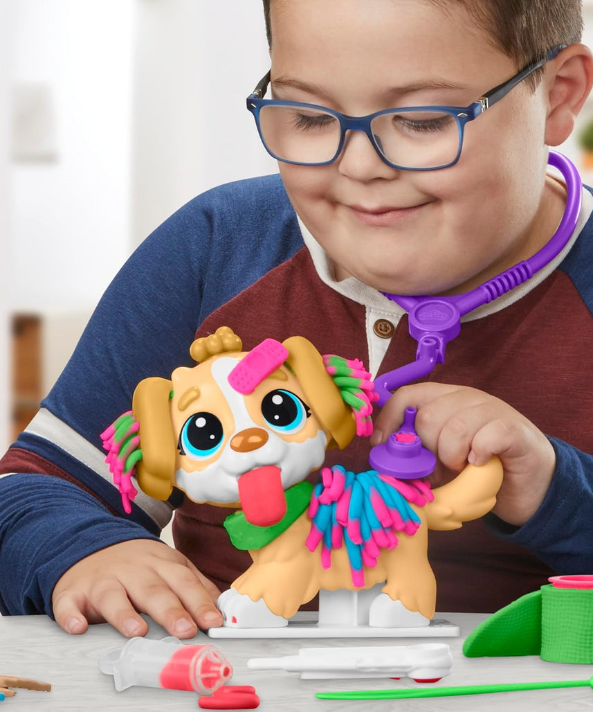 مجموعة لعب بلاي دوه للعناية والحمل البيطري، كلب لعبة، 10 أدوات بيطرية، 5 ألوان مركبة للنمذجة، حامل تخزين، مجموعة أدوات بيطرية تظاهرية، فنون وحرف غير سامة، للأطفال من سن 3 سنوات فما فوق